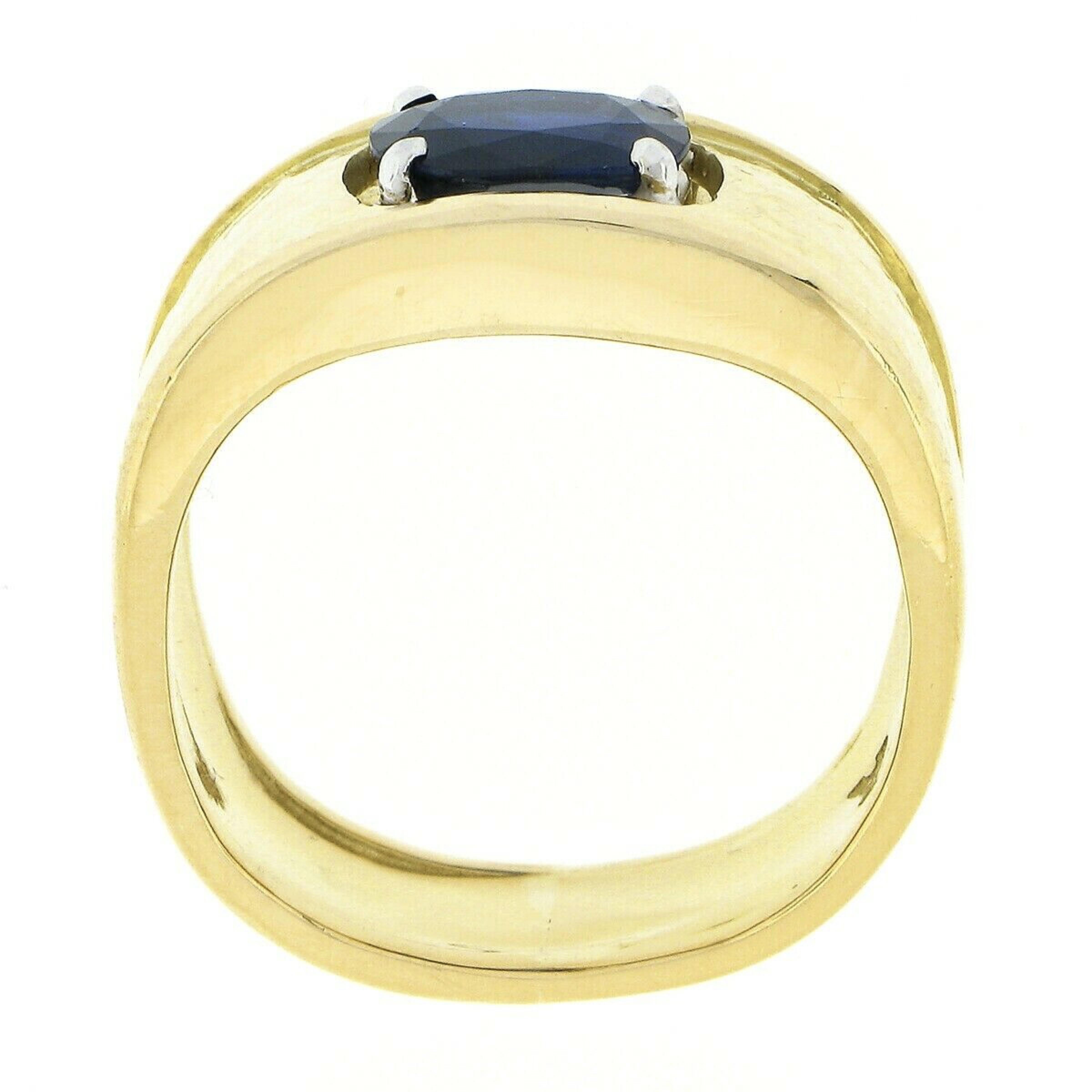 Unisex Cavelti 18K Gold GIA Royal Blue Sapphire Solitaire Hammered Band Ring For Sale 2