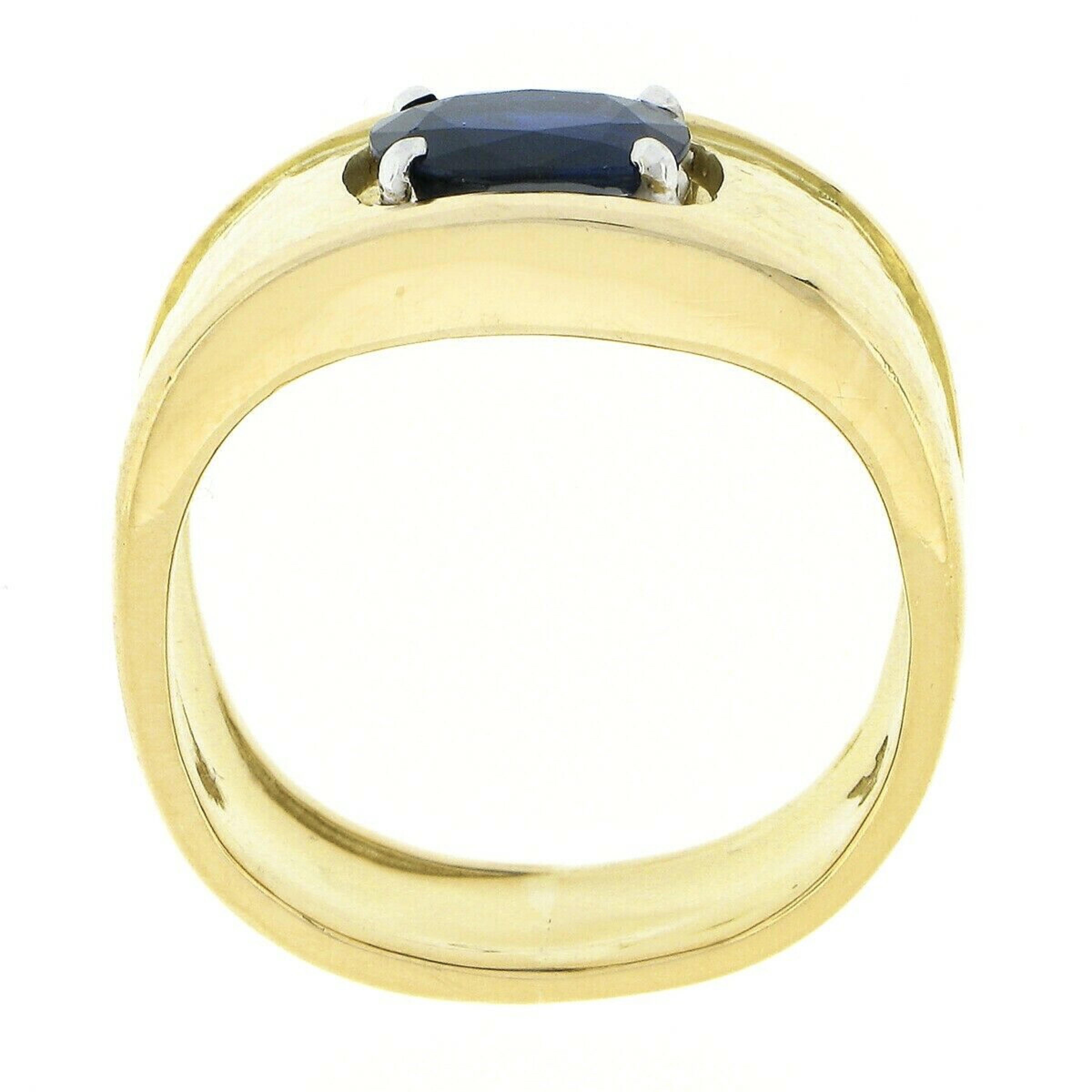 Unisex Cavelti 18K Gold GIA Royal Blue Sapphire Solitaire Hammered Band Ring 4
