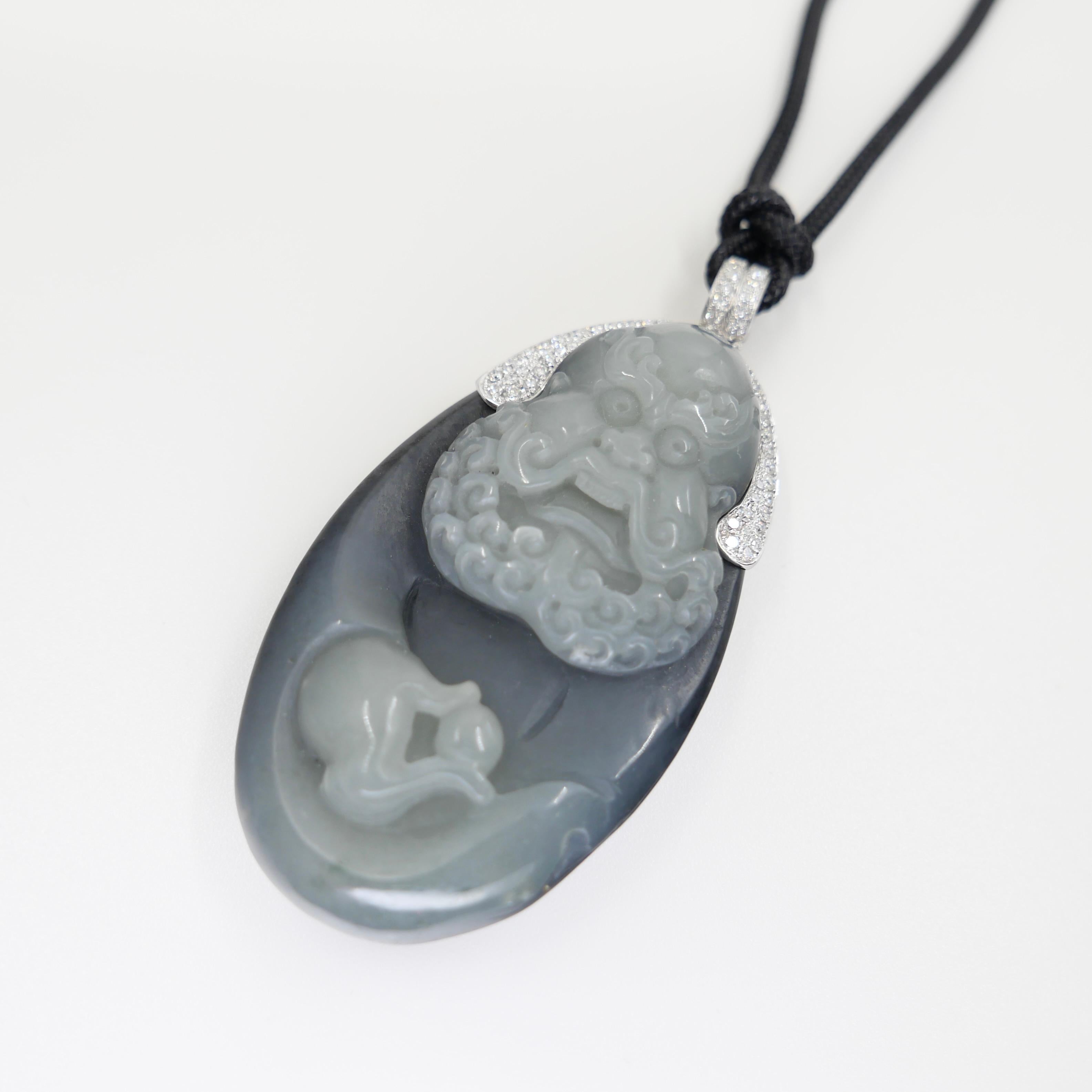 Unisex Certified Black Grey Nephrite Jade & Diamond Pendant. Bodhidharma, 達摩 For Sale 5