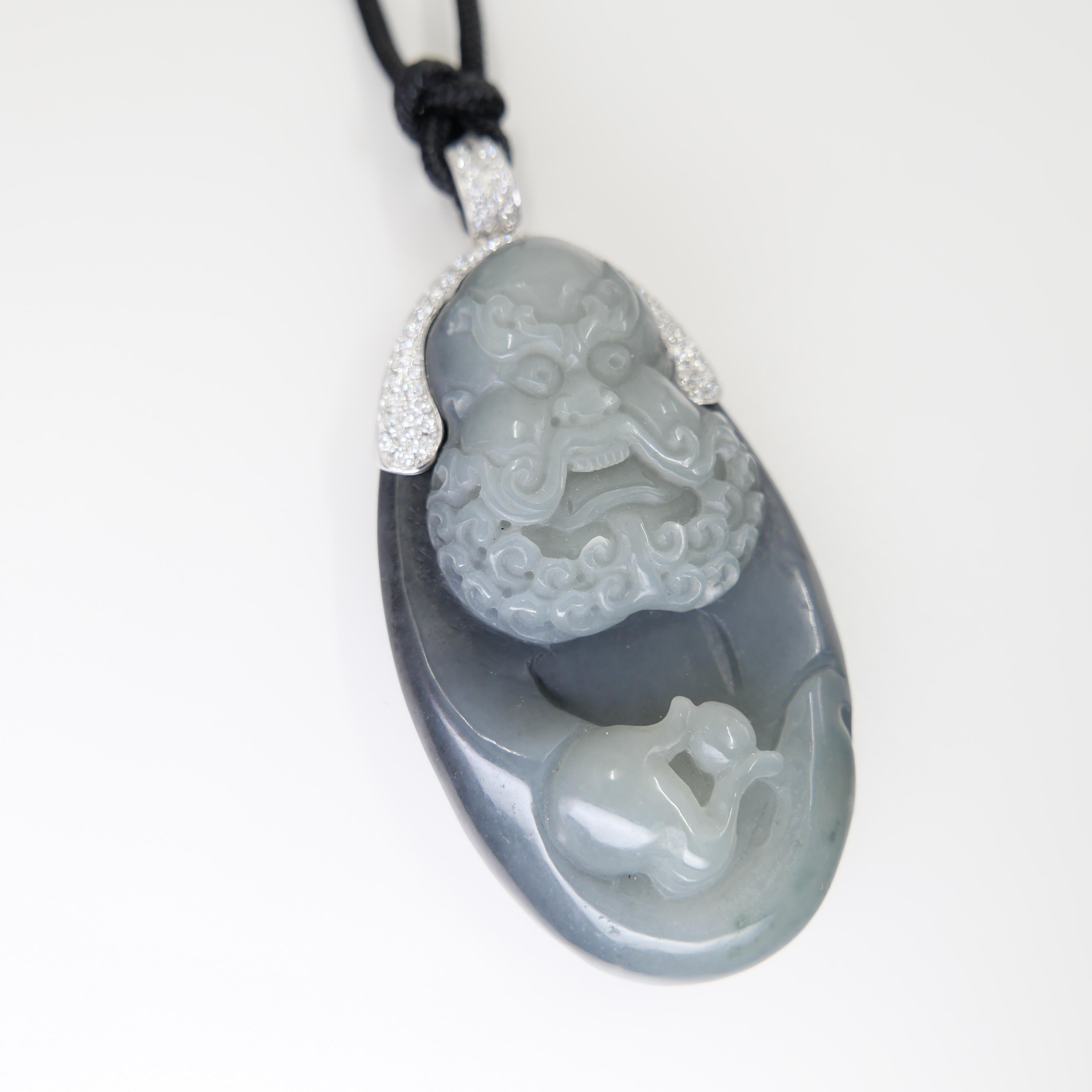 Unisex Certified Black Grey Nephrite Jade & Diamond Pendant. Bodhidharma, 達摩 For Sale 6