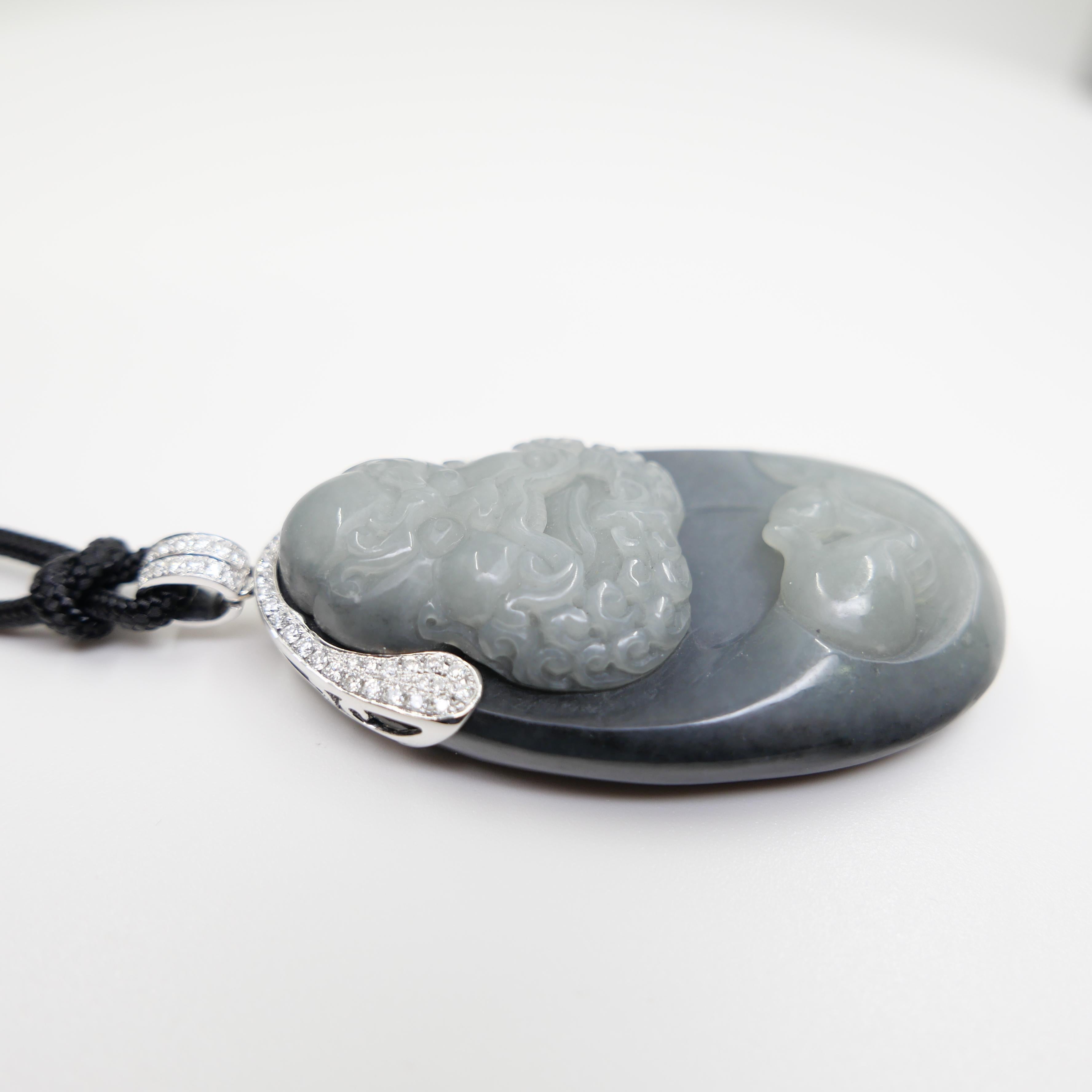 Unisex Certified Black Grey Nephrite Jade & Diamond Pendant. Bodhidharma, 達摩 For Sale 9