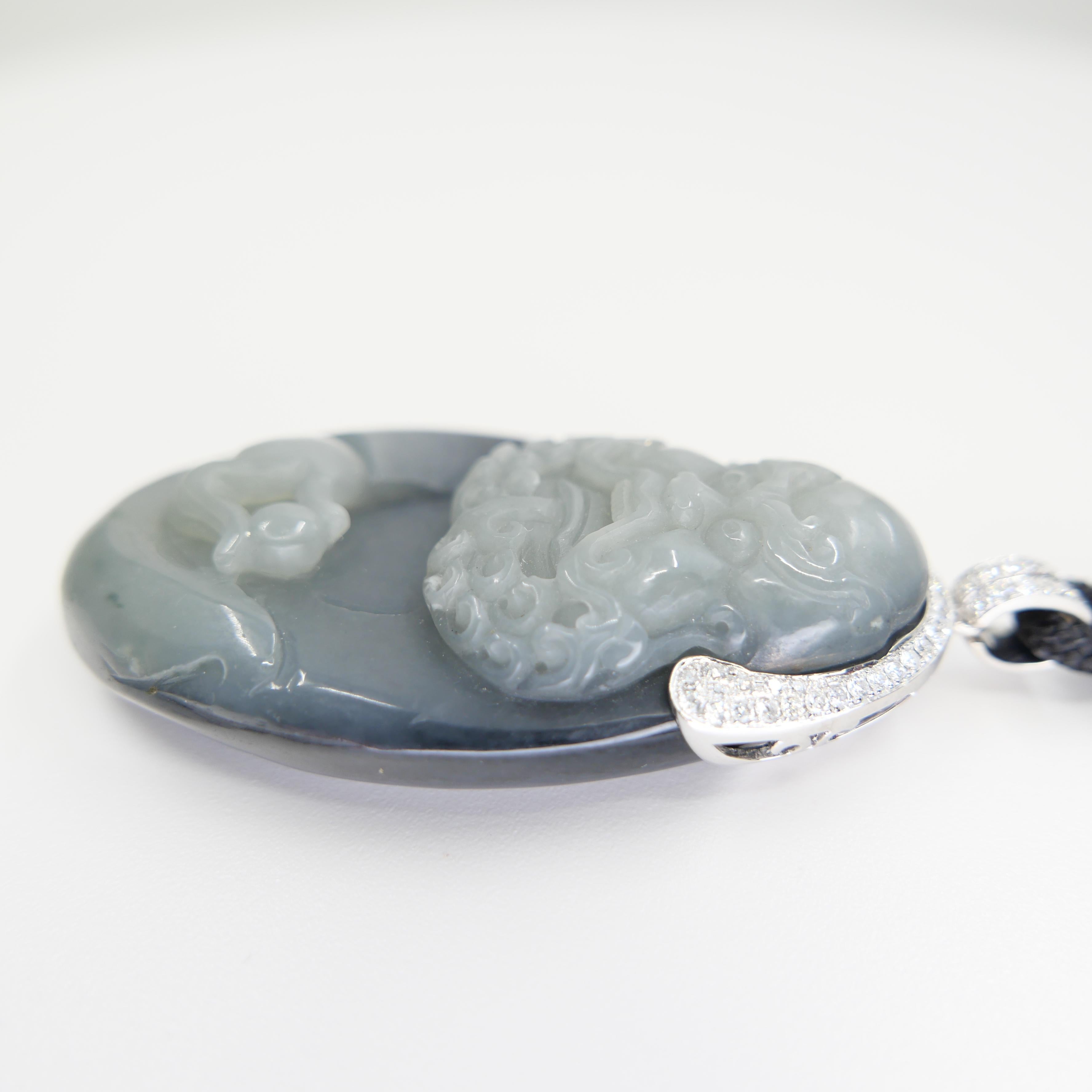 Unisex Certified Black Grey Nephrite Jade & Diamond Pendant. Bodhidharma, 達摩 For Sale 10