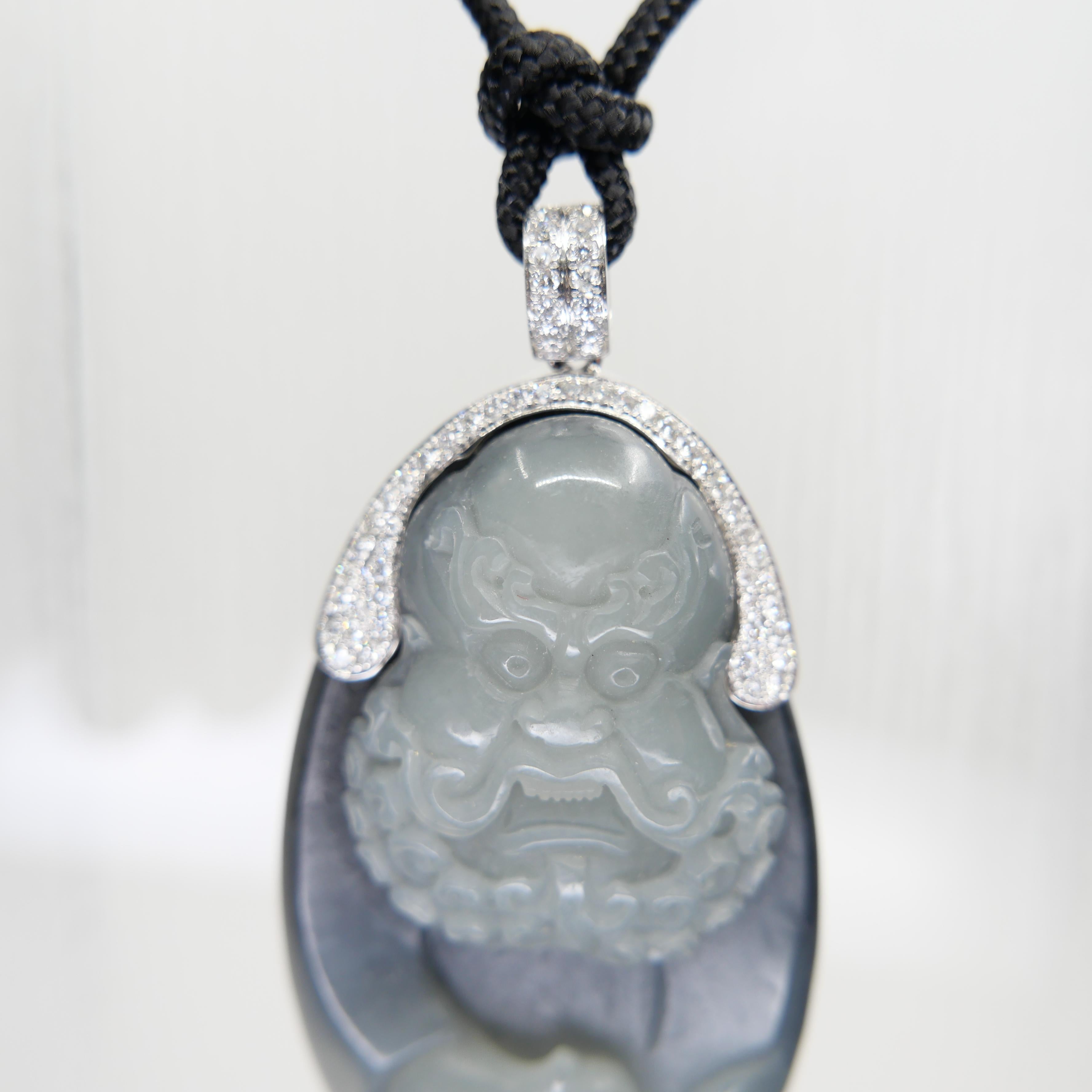 Unisex Certified Black Grey Nephrite Jade & Diamond Pendant. Bodhidharma, 達摩 For Sale 11