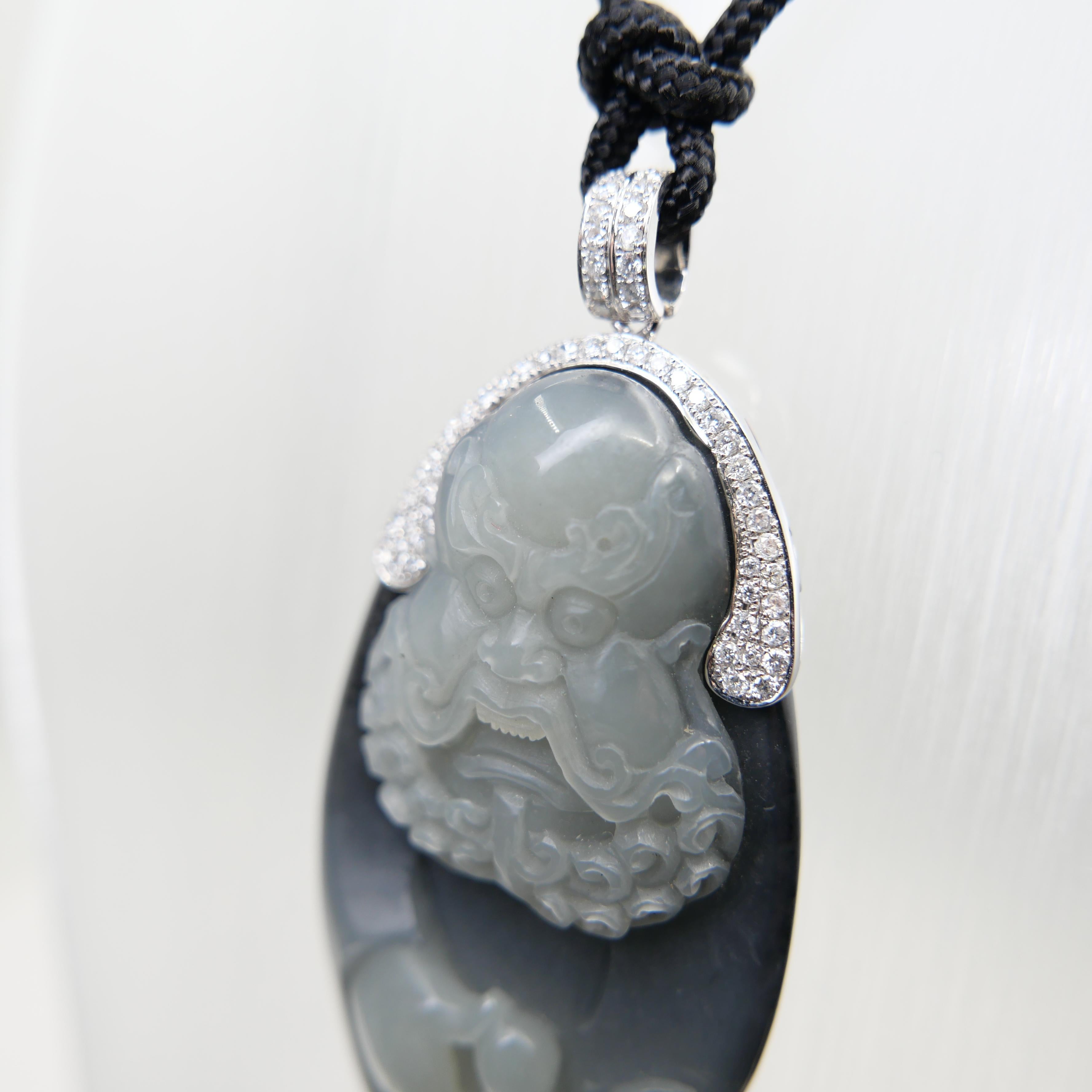 Unisex Certified Black Grey Nephrite Jade & Diamond Pendant. Bodhidharma, 達摩 For Sale 12