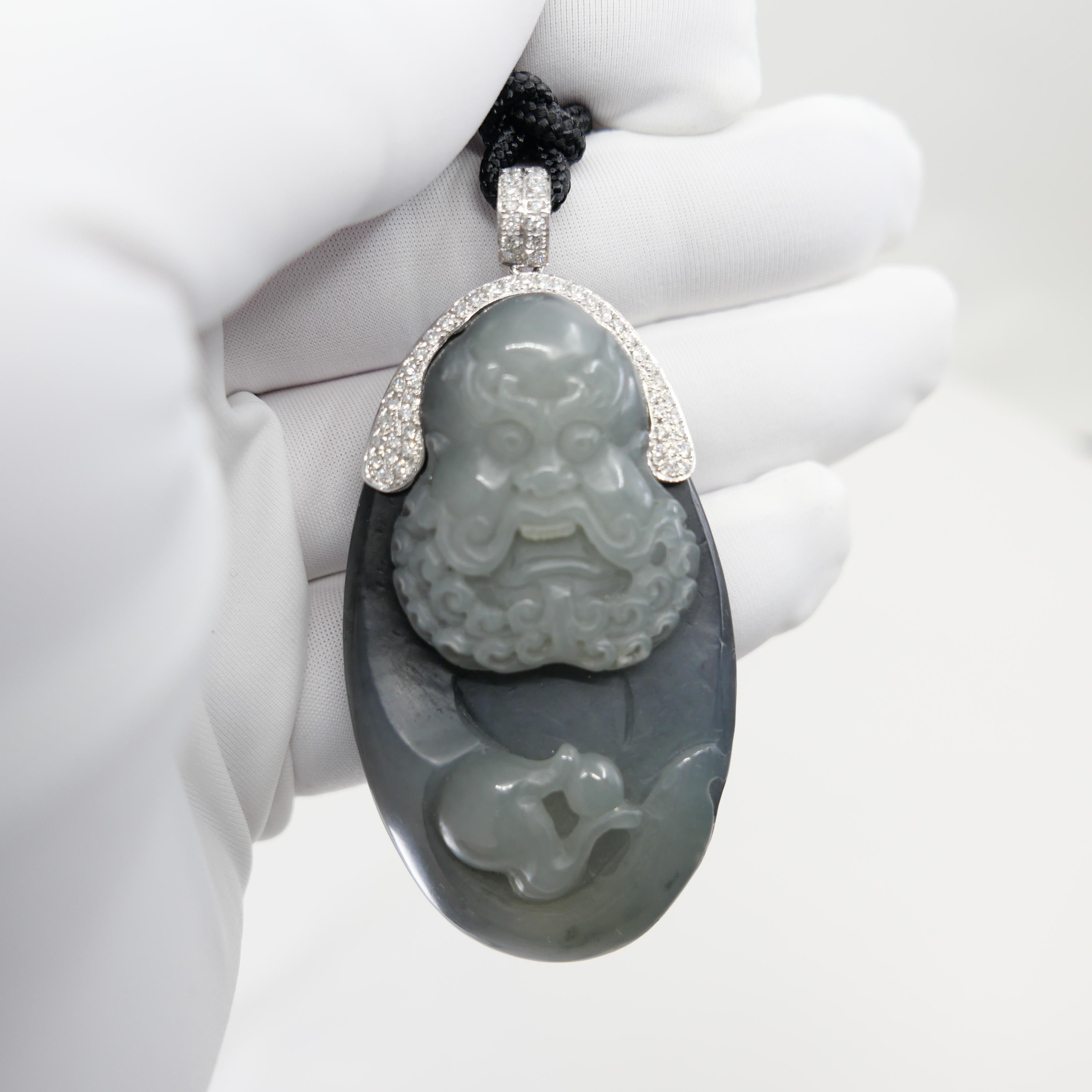 Unisex Certified Black Grey Nephrite Jade & Diamond Pendant. Bodhidharma, 達摩 For Sale 13