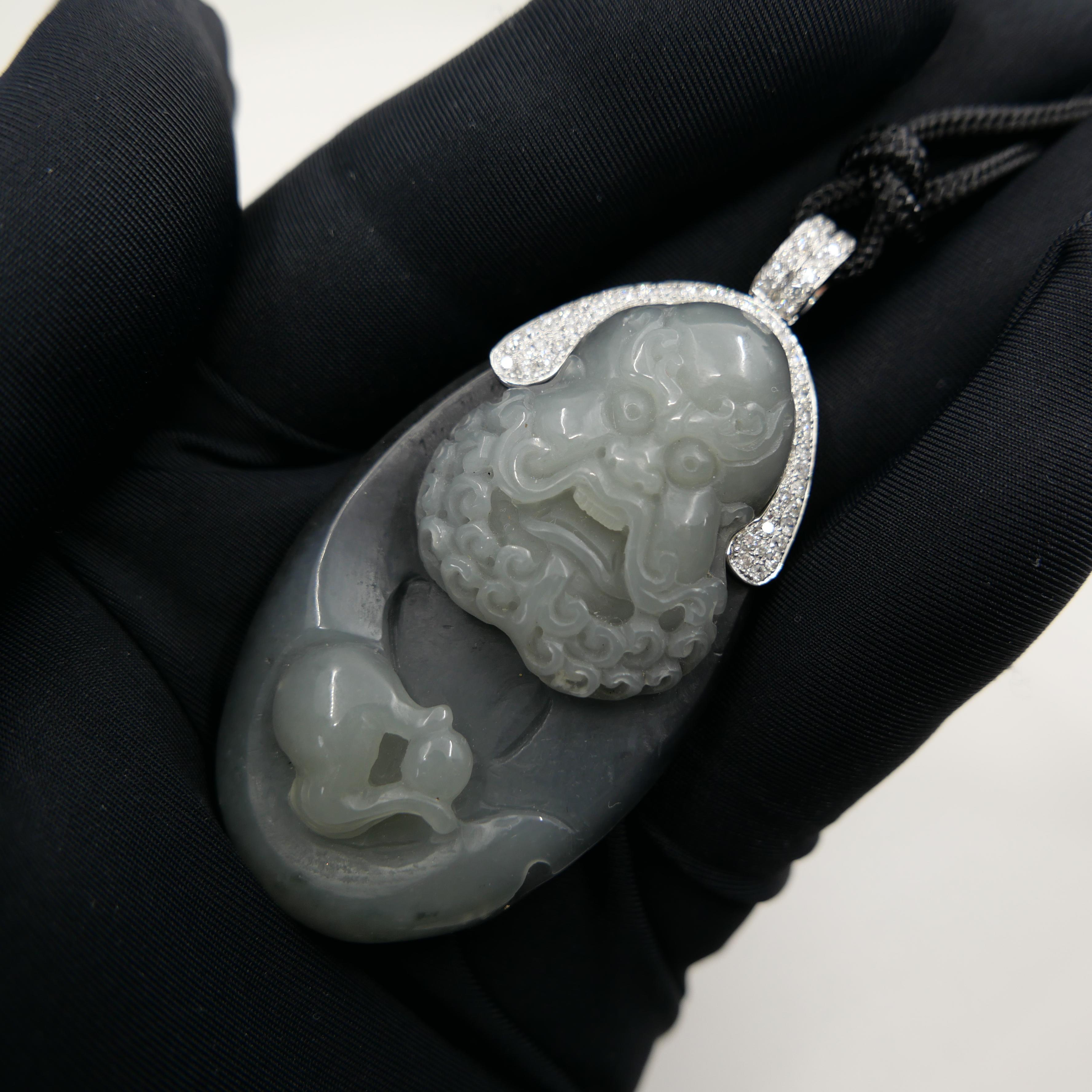 Unisex Certified Black Grey Nephrite Jade & Diamond Pendant. Bodhidharma, 達摩 For Sale 14