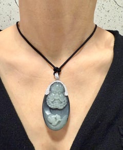 Unisex Certified Black Grey Nephrite Jade & Diamond Pendant. Bodhidharma, 達摩