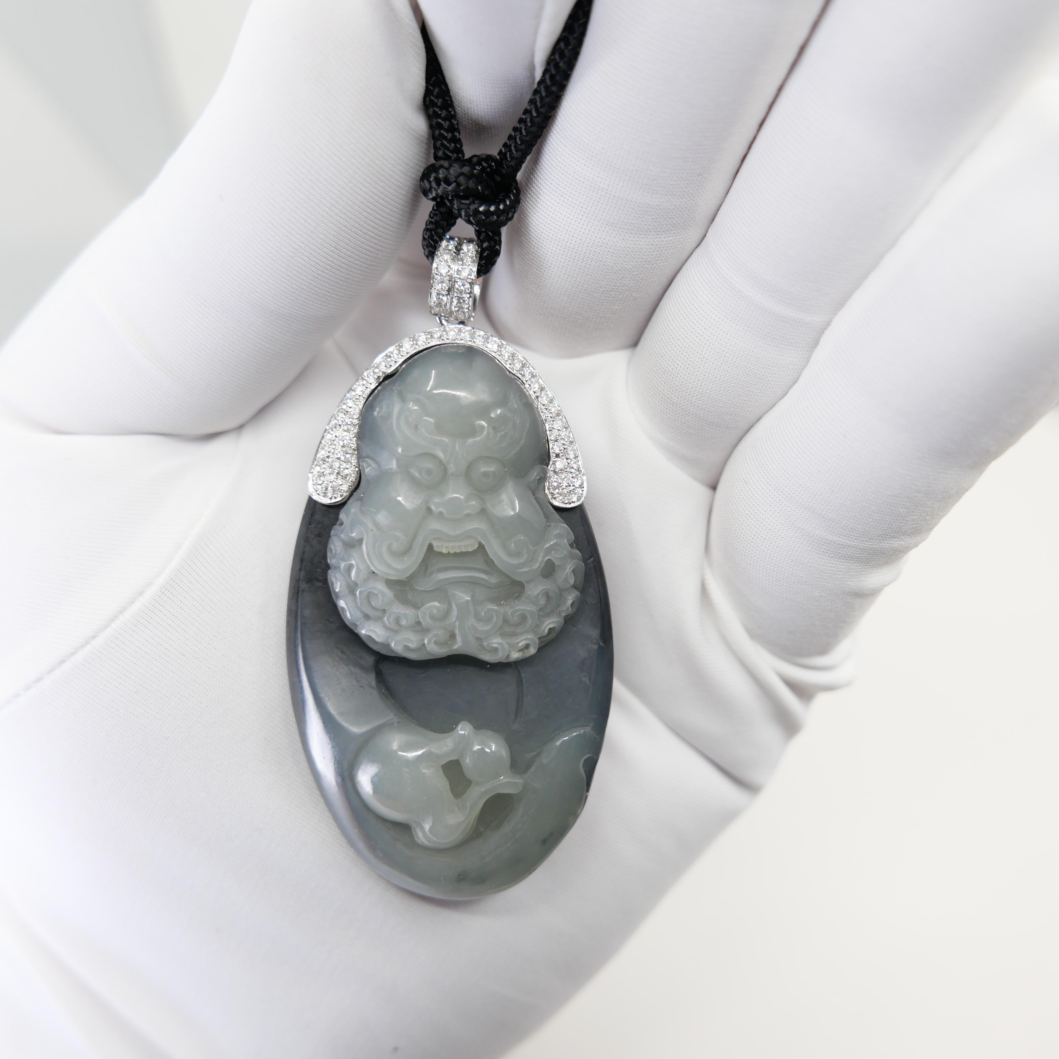 Contemporary Unisex Certified Black Grey Nephrite Jade & Diamond Pendant. Bodhidharma, 達摩 For Sale