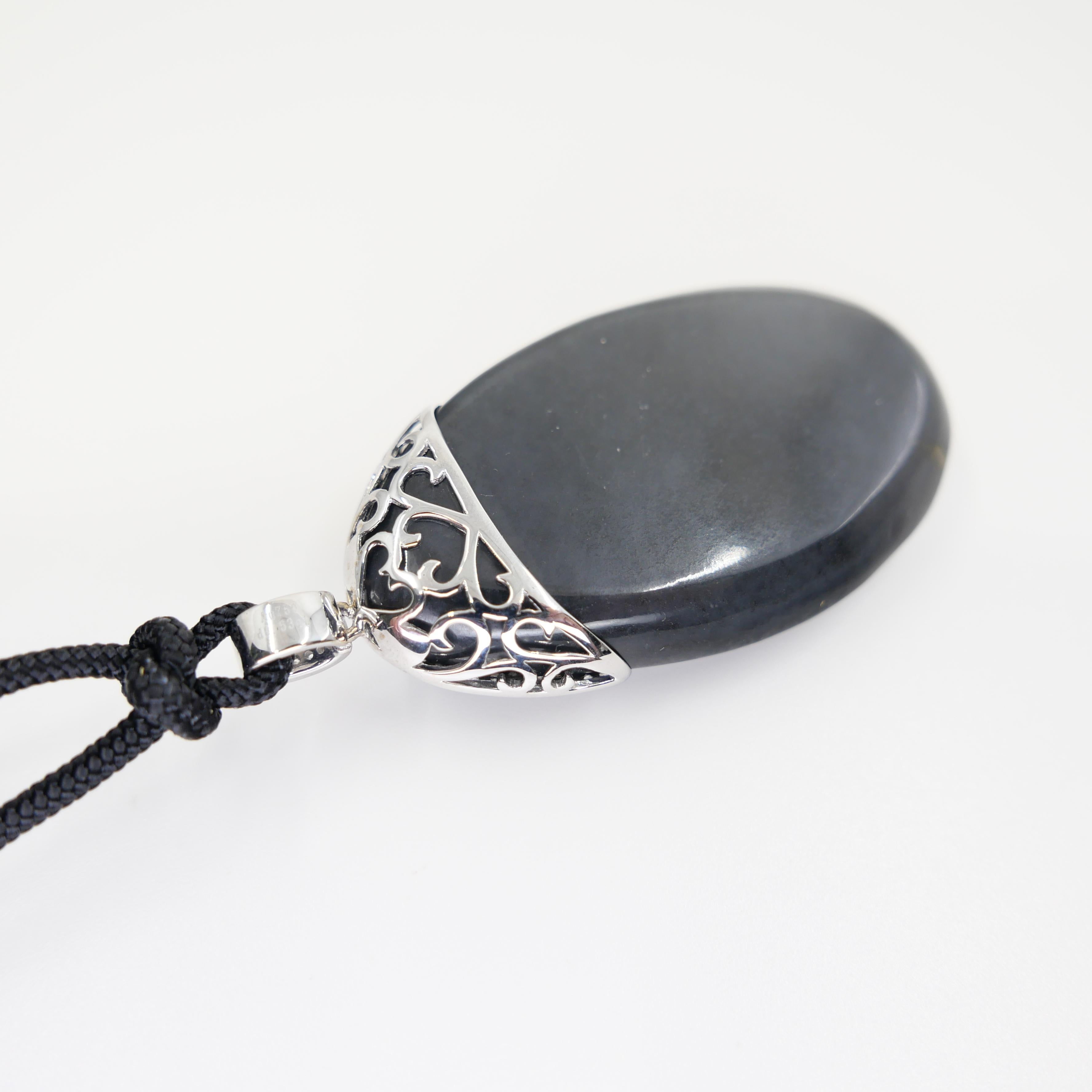 Rough Cut Unisex Certified Black Grey Nephrite Jade & Diamond Pendant. Bodhidharma, 達摩 For Sale