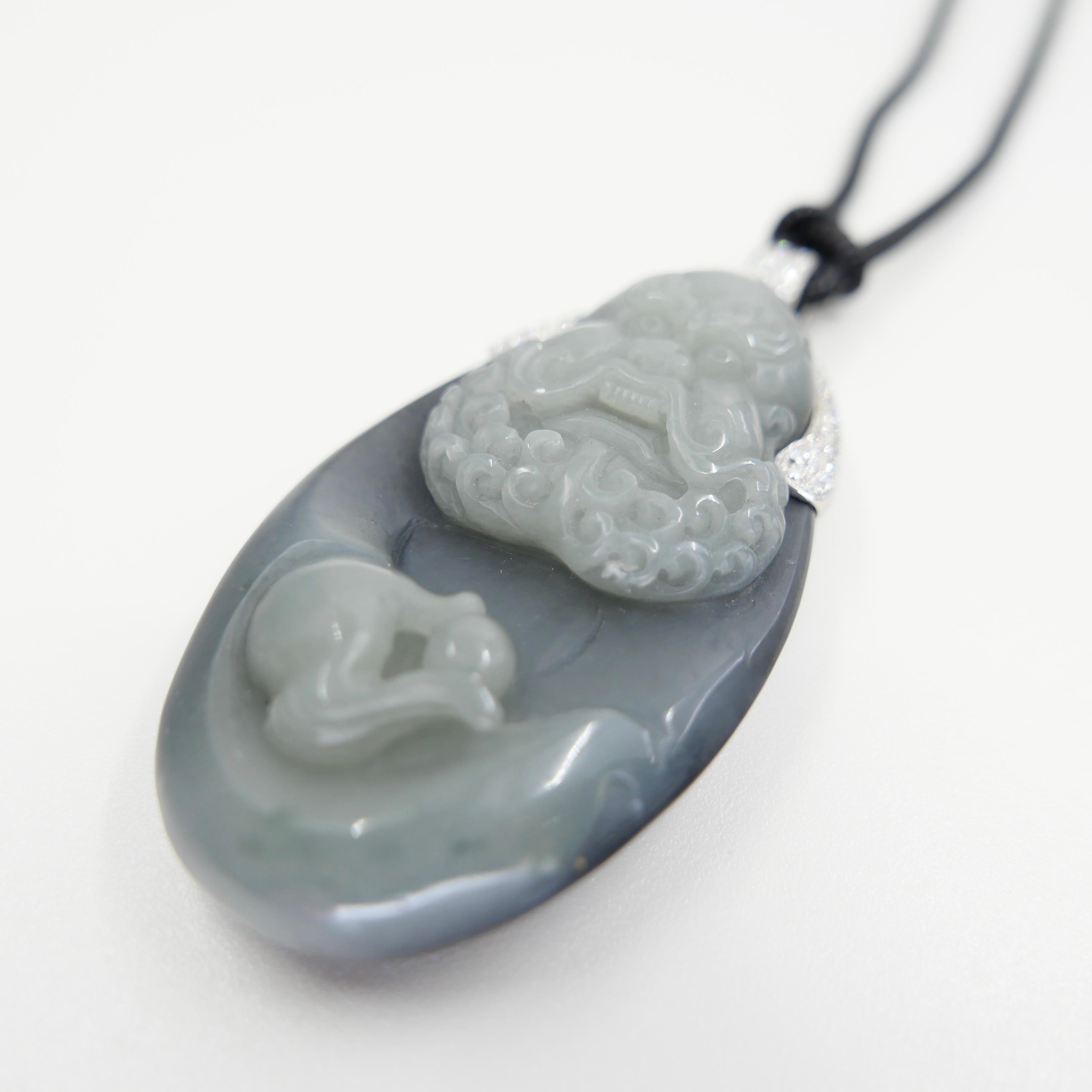 Unisex Certified Black Grey Nephrite Jade & Diamond Pendant. Bodhidharma, 達摩 In New Condition For Sale In Hong Kong, HK