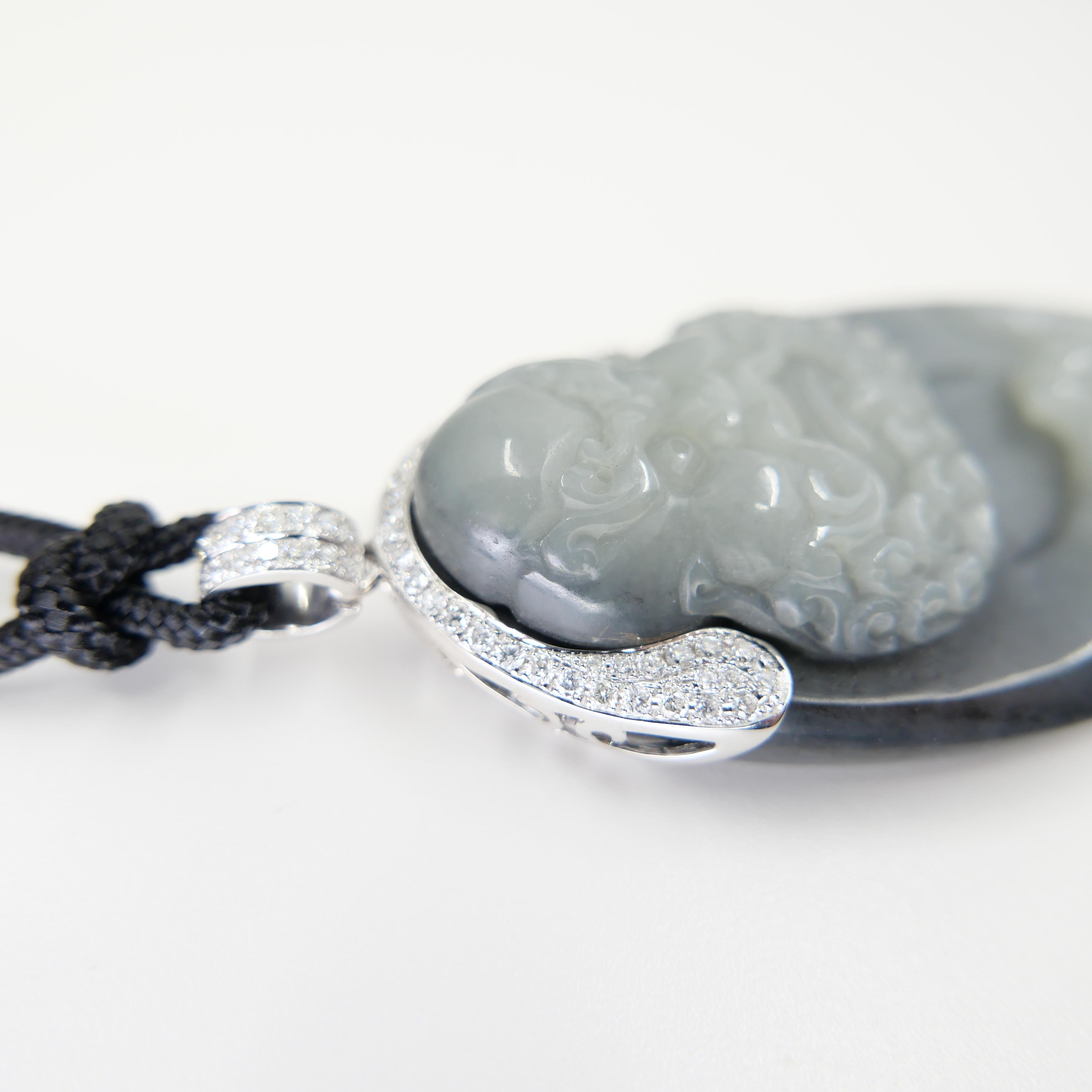 Unisex Certified Black Grey Nephrite Jade & Diamond Pendant. Bodhidharma, 達摩 For Sale 1