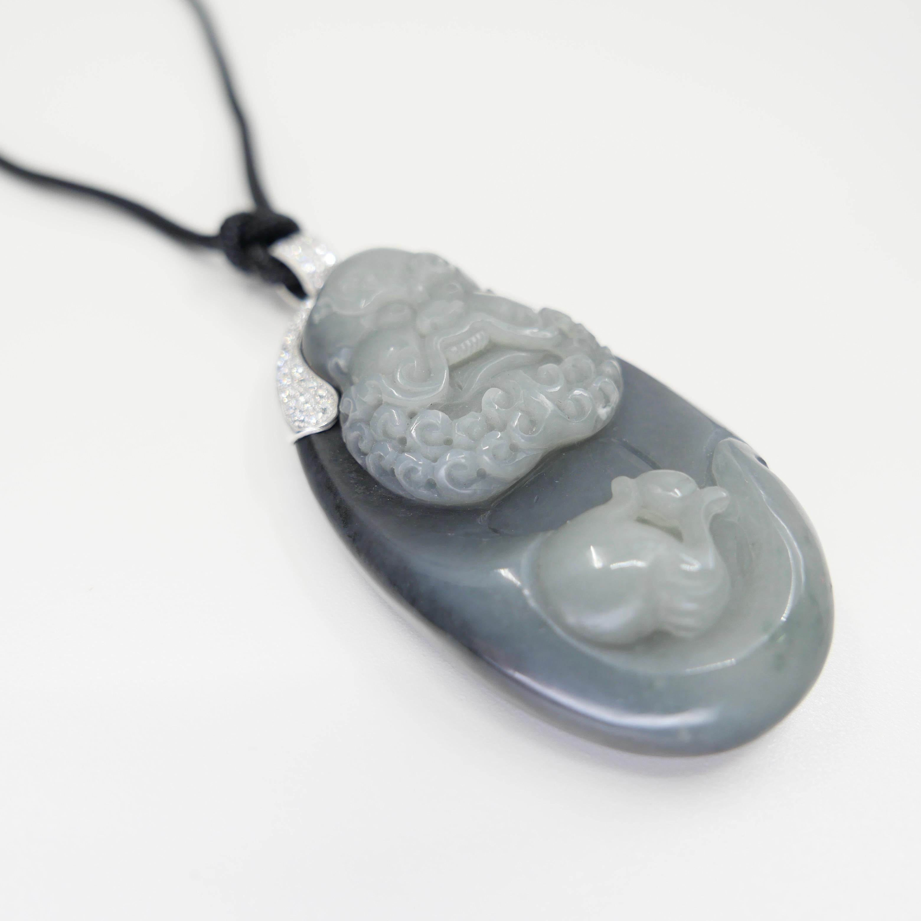 Unisex Certified Black Grey Nephrite Jade & Diamond Pendant. Bodhidharma, 達摩 For Sale 2