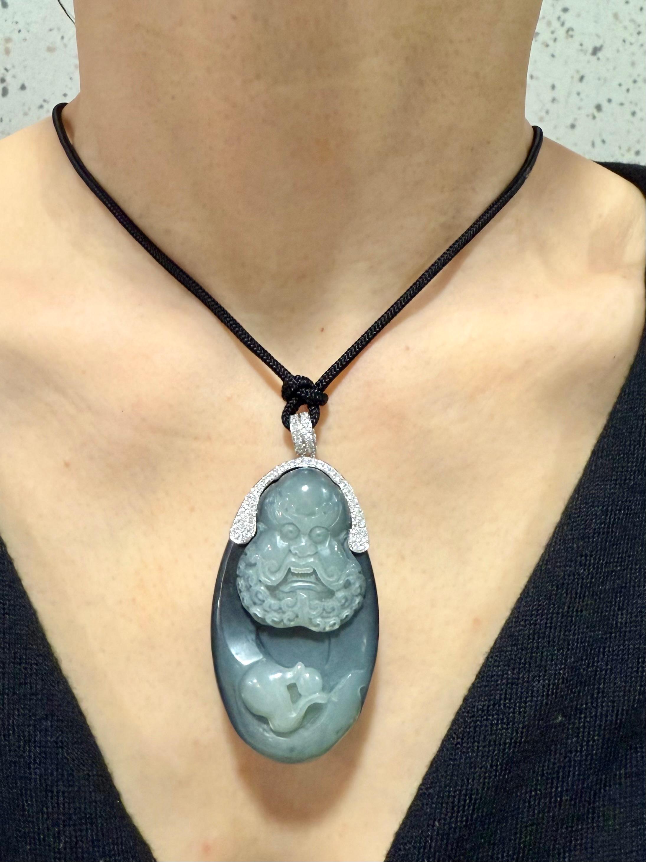 Unisex Certified Black Grey Nephrite Jade & Diamond Pendant. Bodhidharma, 達摩 For Sale 3