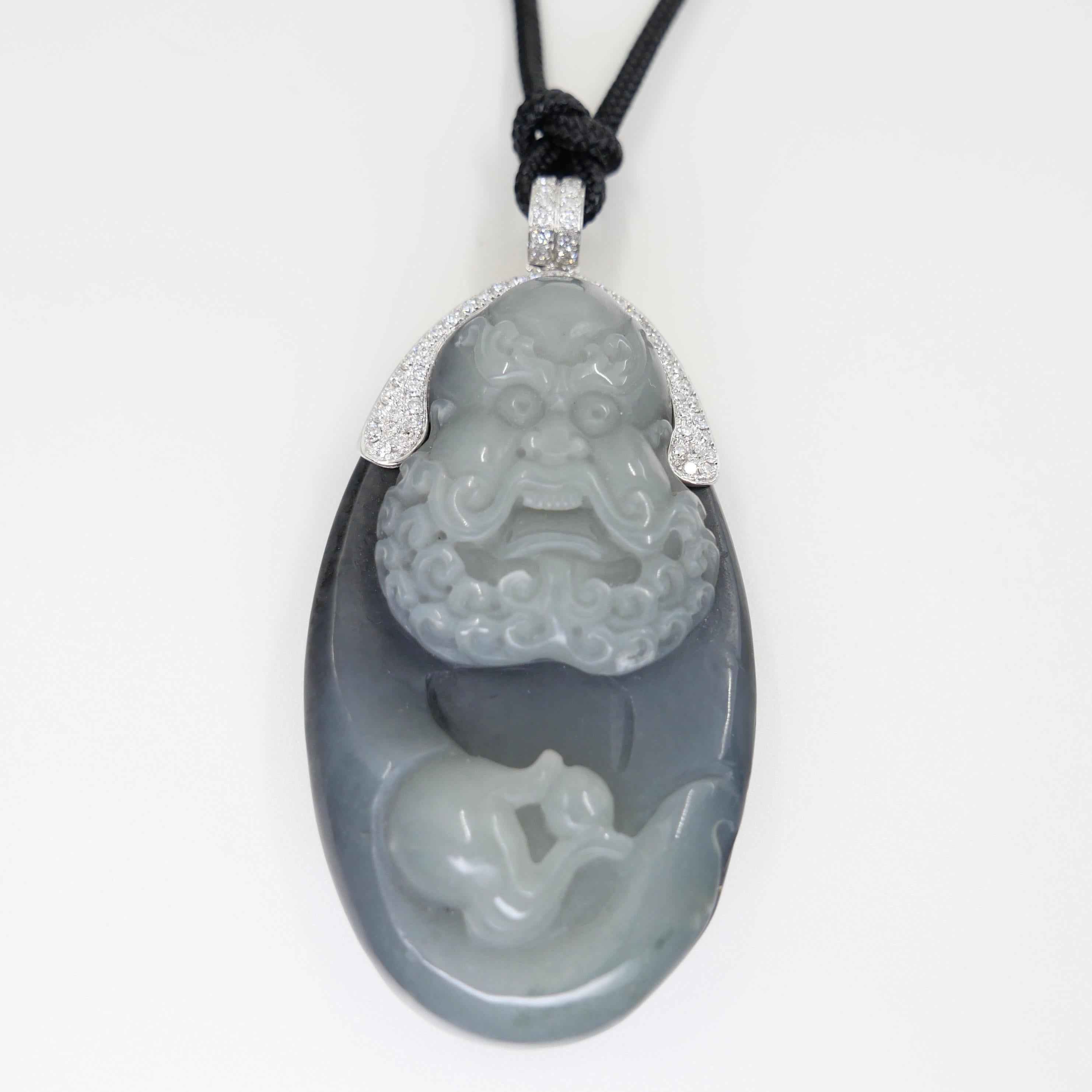 Unisex Certified Black Grey Nephrite Jade & Diamond Pendant. Bodhidharma, 達摩 For Sale 4