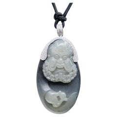 Unisex Certified Black Grey Nephrite Jade & Diamond Pendant. Bodhidharma, 達摩