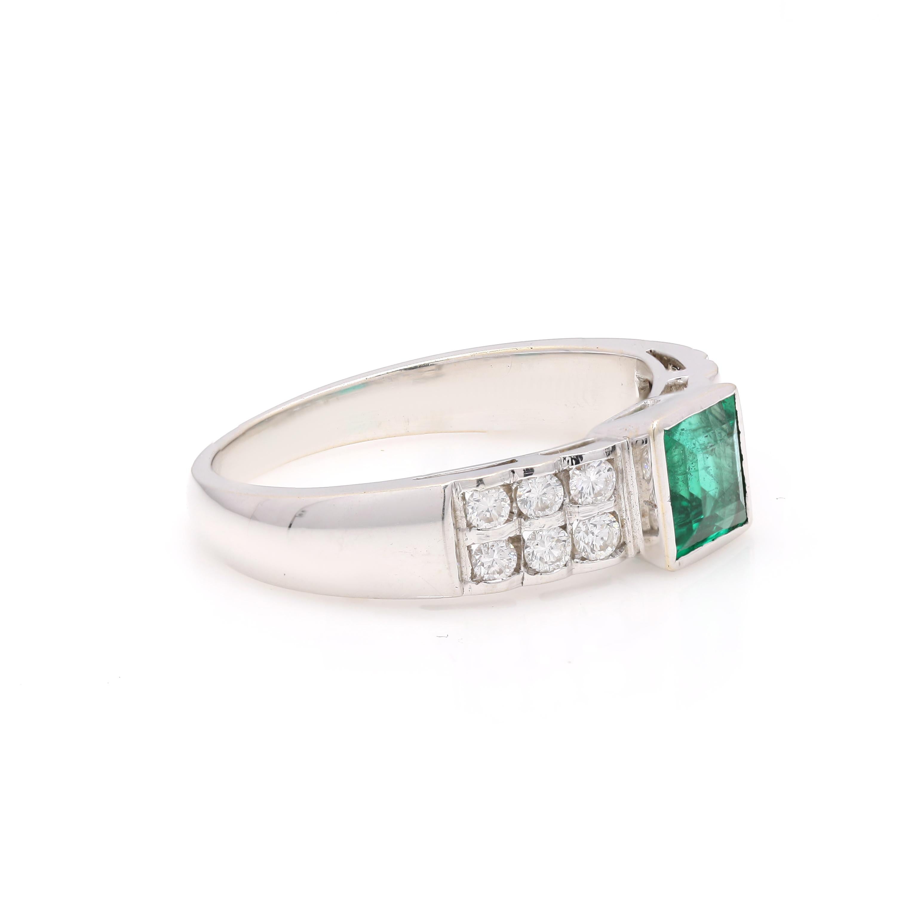 For Sale:  Unisex Diamond and Natural Emerald Engagement Band Ring in 18k White Gold 2