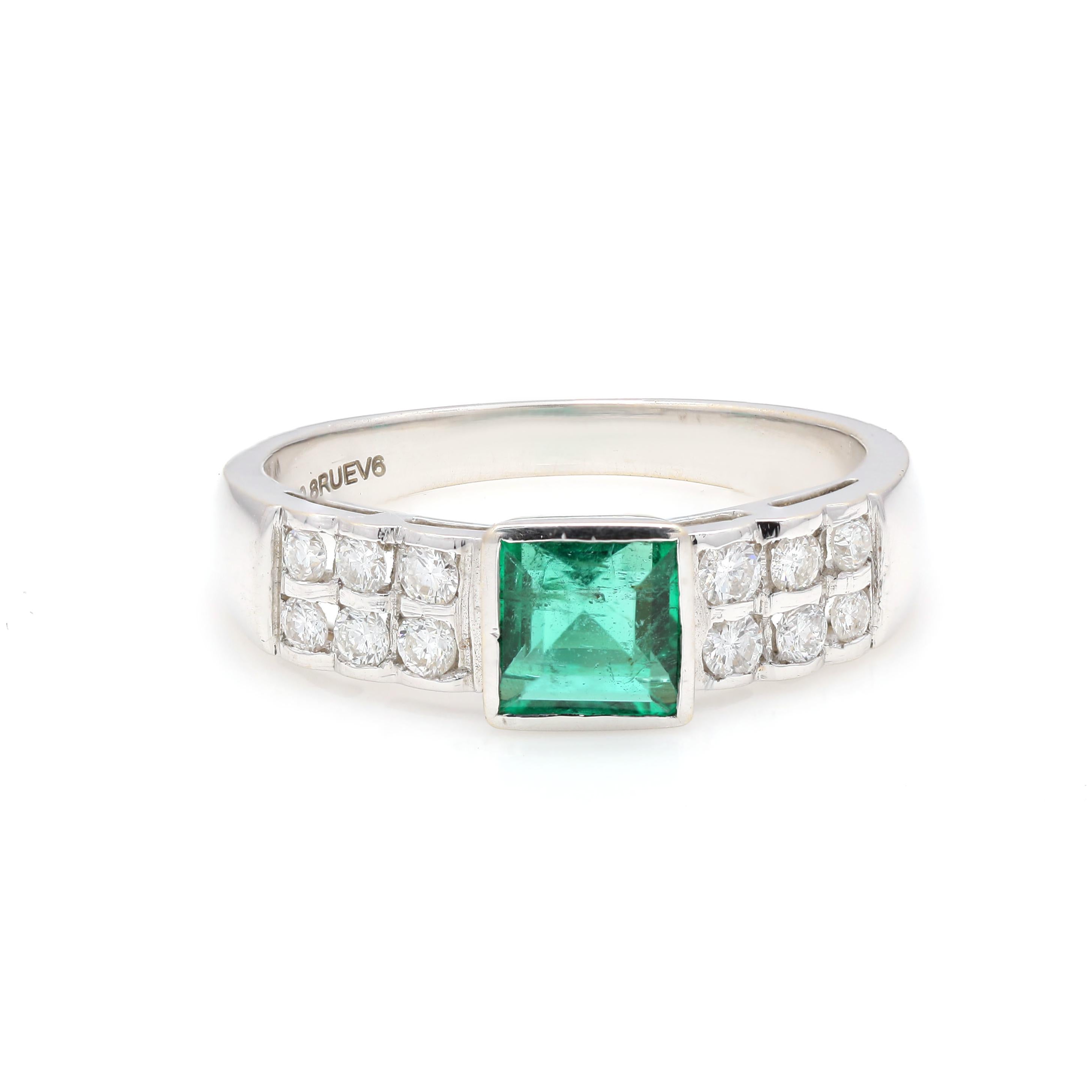 For Sale:  Unisex Diamond and Natural Emerald Engagement Band Ring in 18k White Gold 3