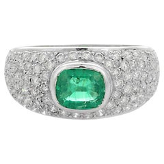 Unisex Diamond Cluster with Emerald Dome Engagement Ring in 18k Solid White Gold