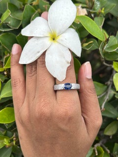 Unisex Blue Sapphire Diamond Engagement Band Ring in 18k Solid White Gold
