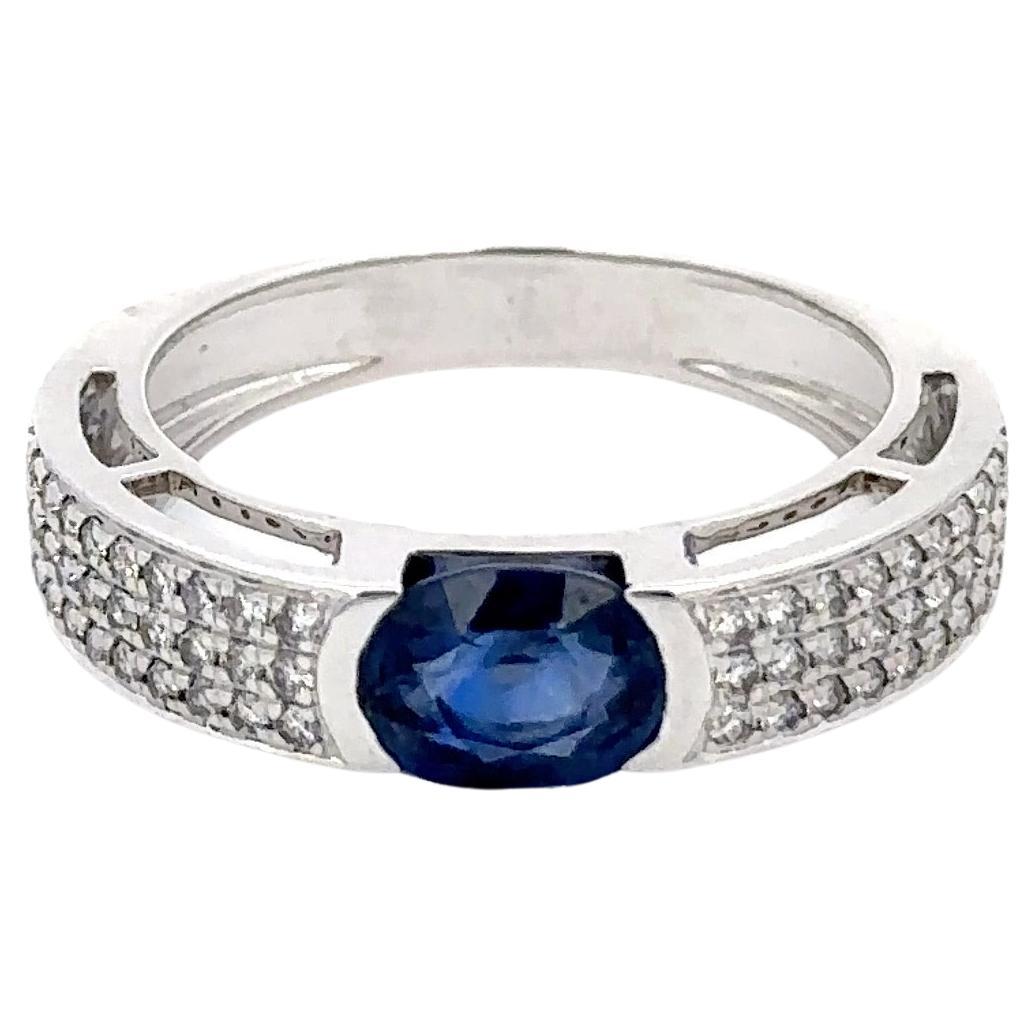 For Sale:  Unisex Blue Sapphire Diamond Engagement Band Ring in 18k Solid White Gold