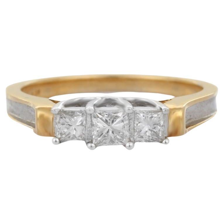 Unisex Diamond Three Stone Engagement Ring Gift in 18k Solid Yellow Gold