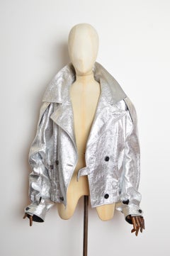 Unisex DOLCE & GABBANA Silver Lamé Leather Oversized Metallic Biker Jacket