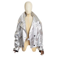 Unisex DOLCE & GABBANA Silver Lamé Leather Oversized Metallic Biker Jacket