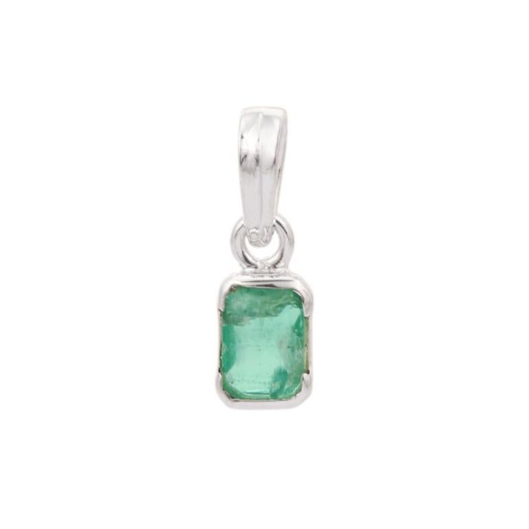 Unisex Emerald Cut Emerald Pendant Gift in sterling silver studded with octagon cut emerald. This stunning piece of jewelry instantly elevates a casual look or dressy outfit. 
Emerald enhances the intellectual capacity of the person.
Designed with