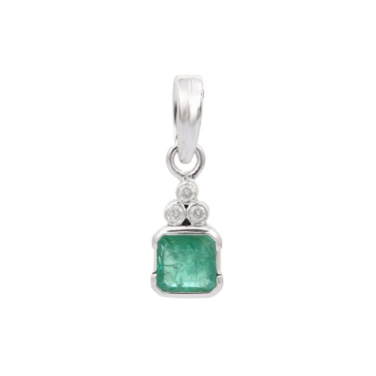 Art Deco Unisex Faceted Emerald Diamond Everyday Pendant in Sterling Silver For Sale