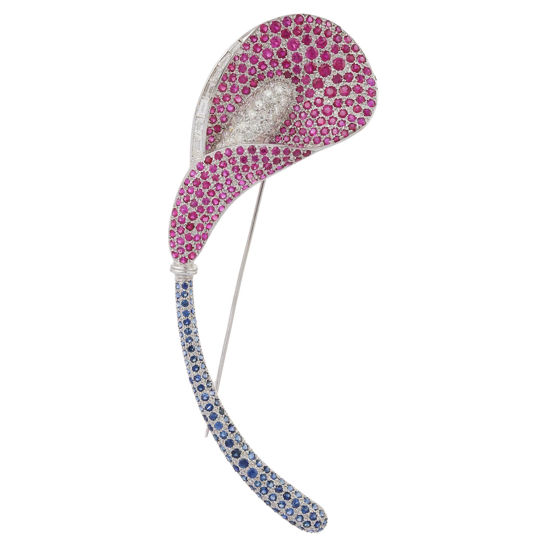 Unisex Fine Ruby Sapphire Long Brooch Pin with Diamonds in 18k Solid White Gold
