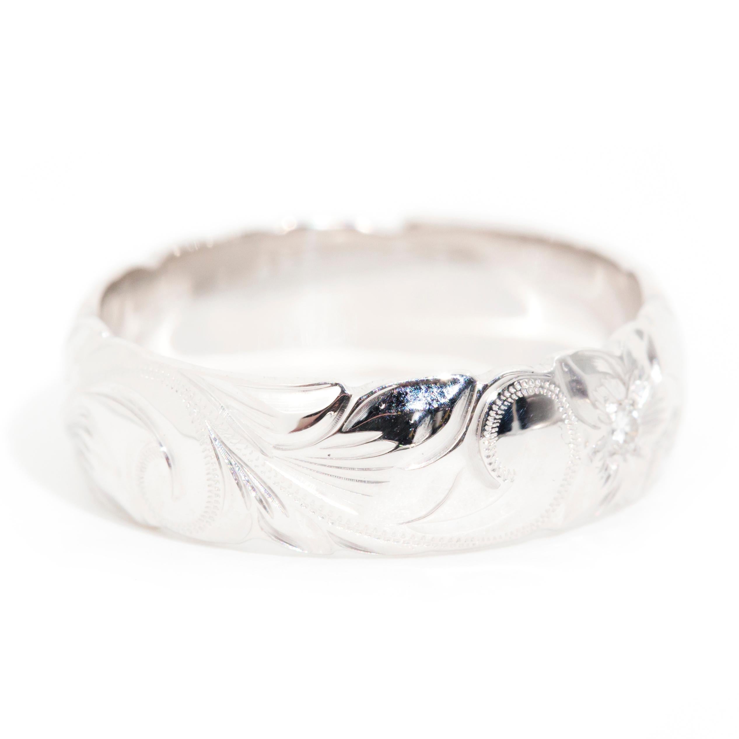 Modern Unisex Floral Engraved Vintage Diamond Band Ring in 14 Carat White Gold