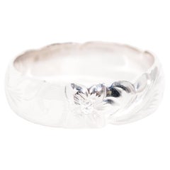 Unisex Floral Engraved Vintage Diamond Band Ring in 14 Carat White Gold