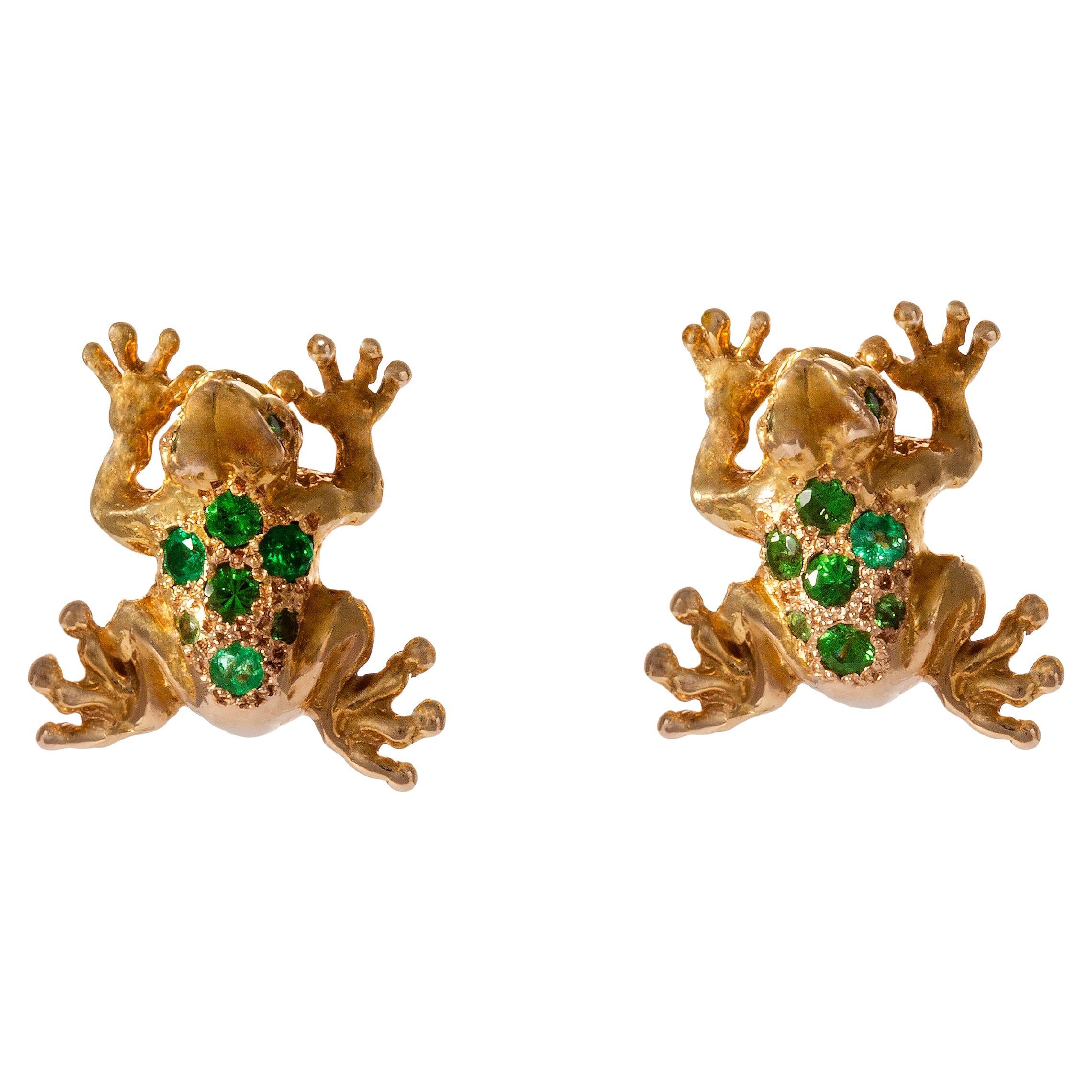 Unisex Frog 18K Yellow Gold Green Tsavorite Handcrafted in Italy Stud Earrings