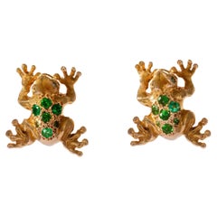 Unisex Frog 18K Yellow Gold Green Tsavorite Handcrafted in Italy Stud Earrings