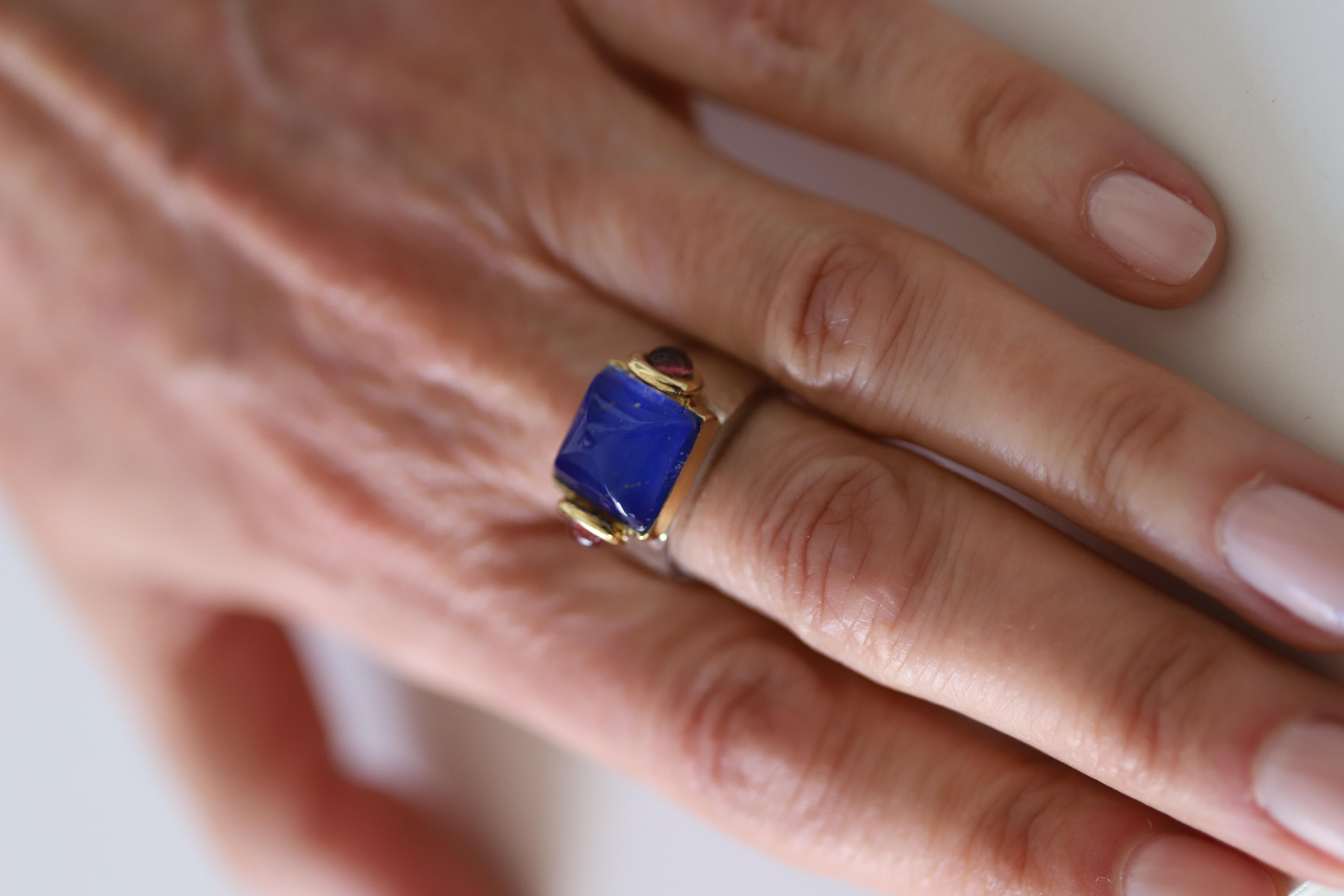 Rossella Ugolini design collection handcrafted 18 karats yellow and white gold, 
embellished with deep blue lapis lazuli covered by a pyramid of rock crystal and two pink tourmaline cabochon, openly inspired by the enchanting architectural plant of