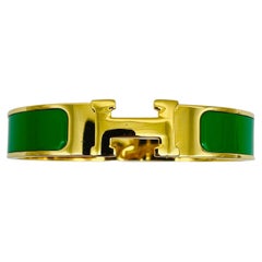 Unisex Hermes Clic Clac H Green/ Yeloow Gold Bangle