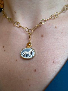 Unique Piece Unisex Horse 18K Gold Black Agate Citrine Hammered Carved Charme