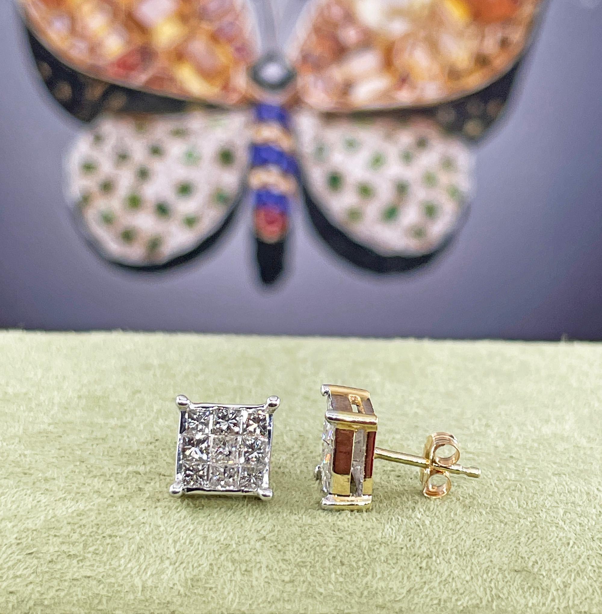 Unisex Invisible Set 1.50ctw Princess Cut Diamond Vintage Stud-Earrings 14K Gold For Sale 7