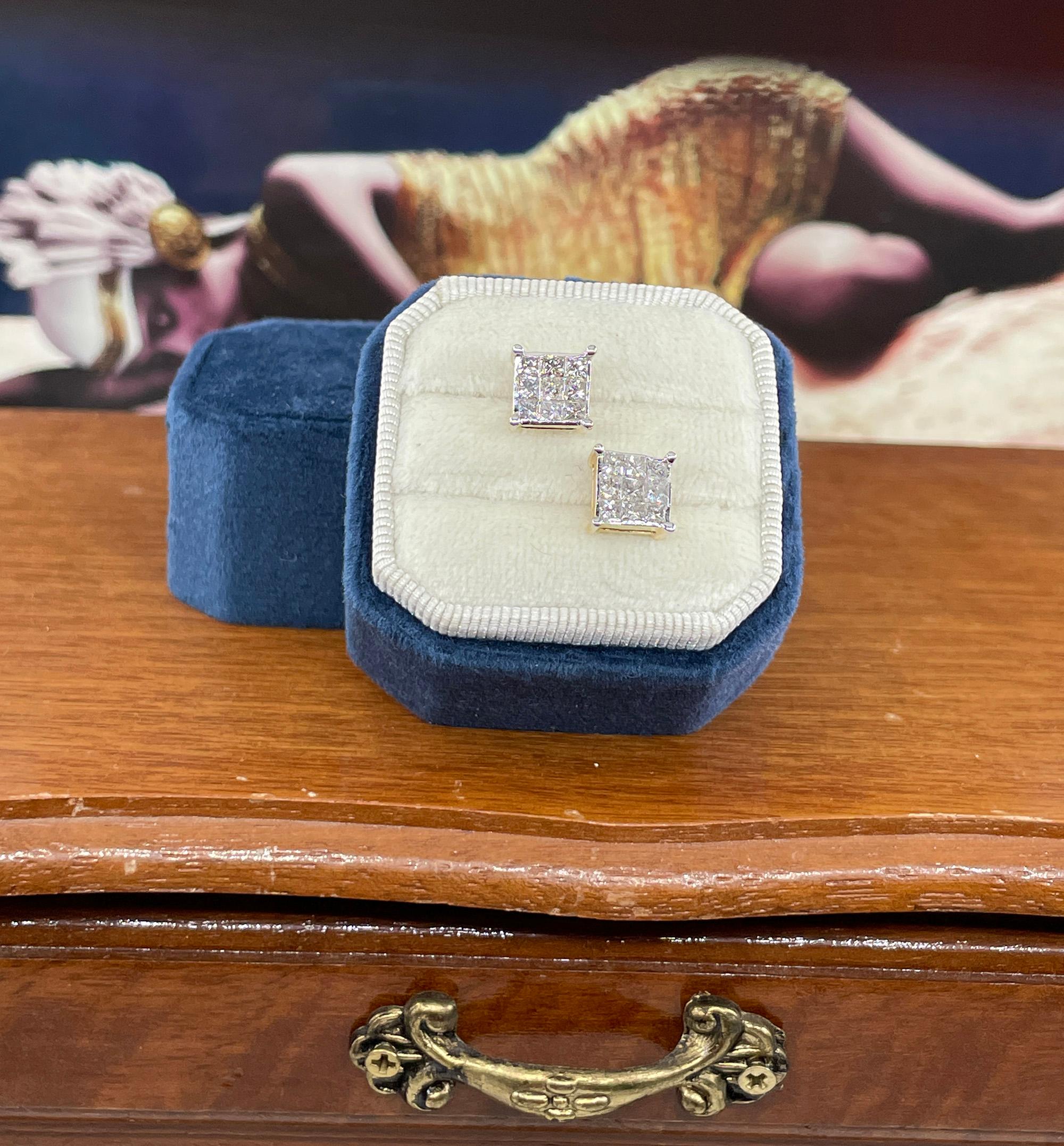 Unisex Invisible Set 1.50ctw Princess Cut Diamond Vintage Stud-Earrings 14K Gold For Sale 10