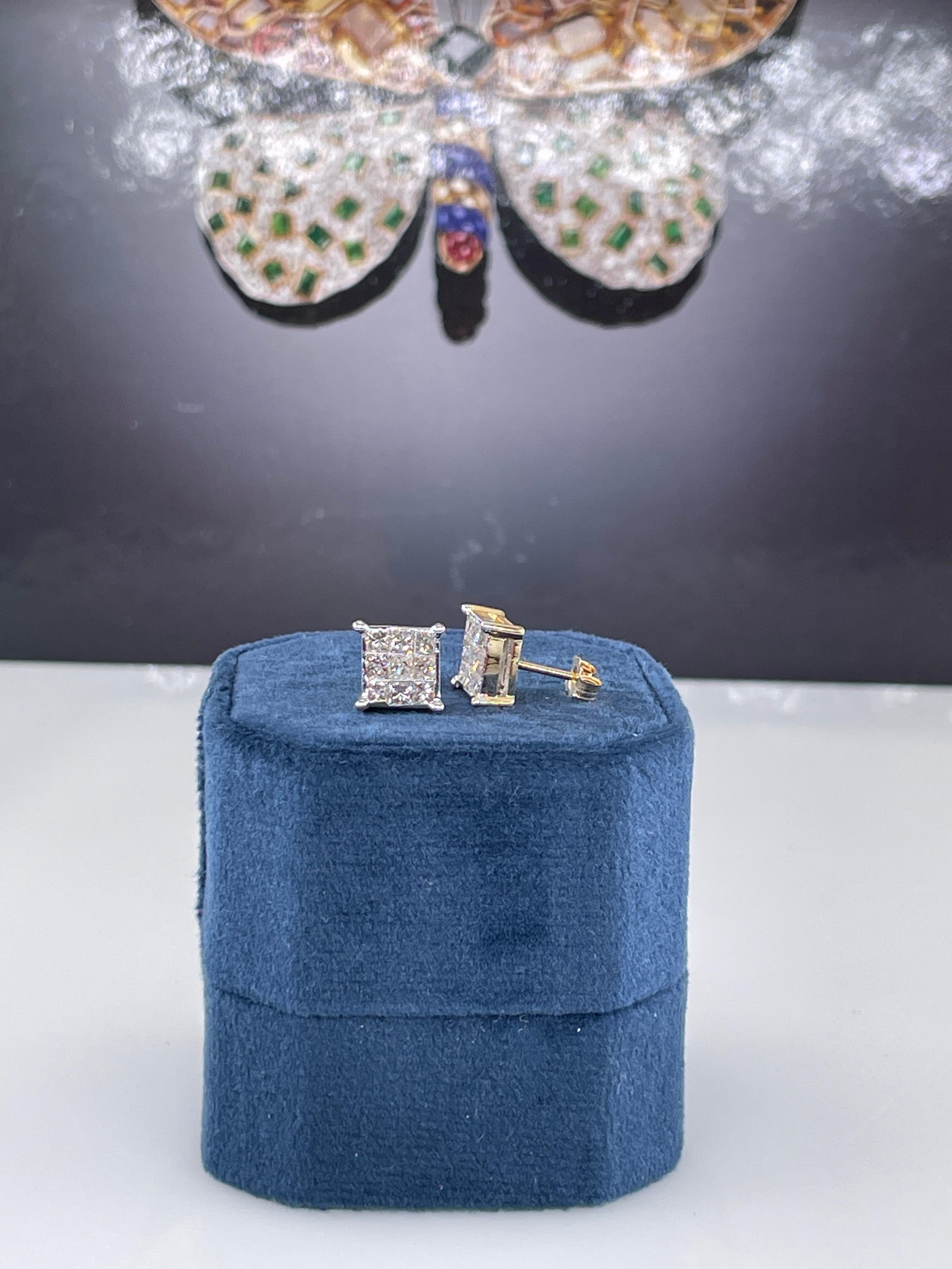 Unisex Invisible Set 1.50ctw Princess Cut Diamond Vintage Stud-Earrings 14K Gold For Sale 12
