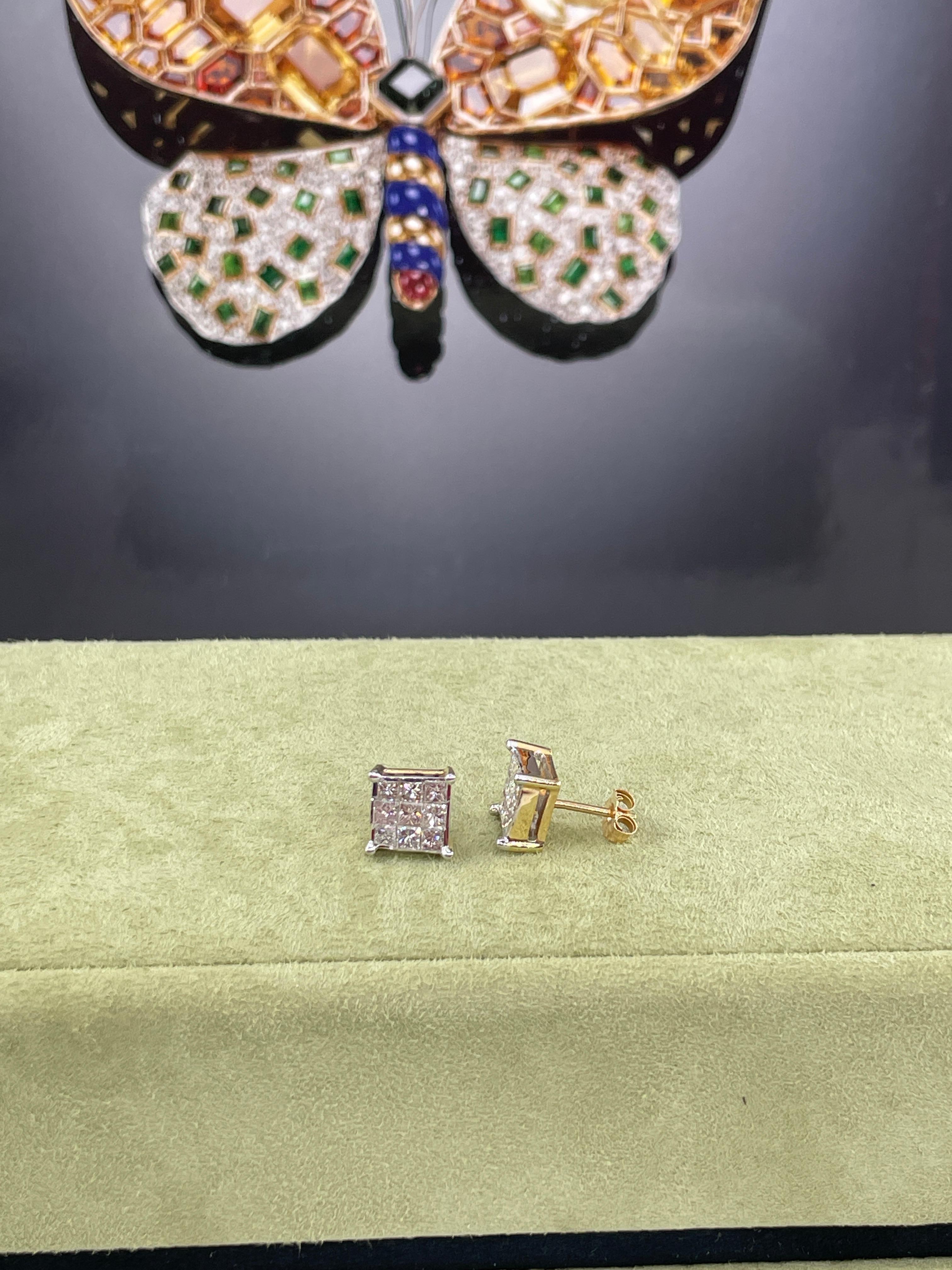 Unisex Invisible Set 1.50ctw Princess Cut Diamond Vintage Stud-Earrings 14K Gold For Sale 13