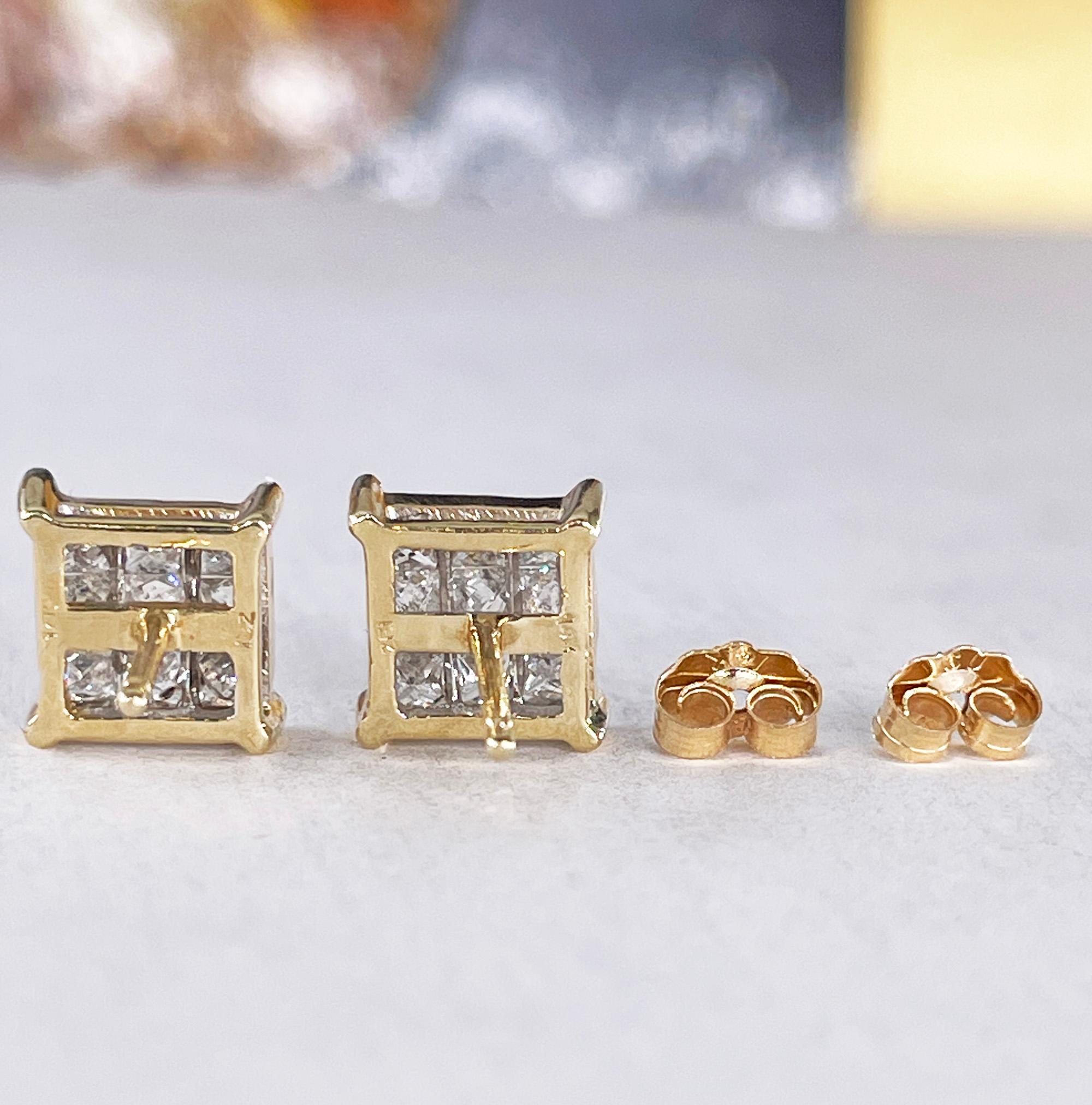 Unisex Invisible Set 1.50ctw Princess Cut Diamond Vintage Stud-Earrings 14K Gold For Sale 14