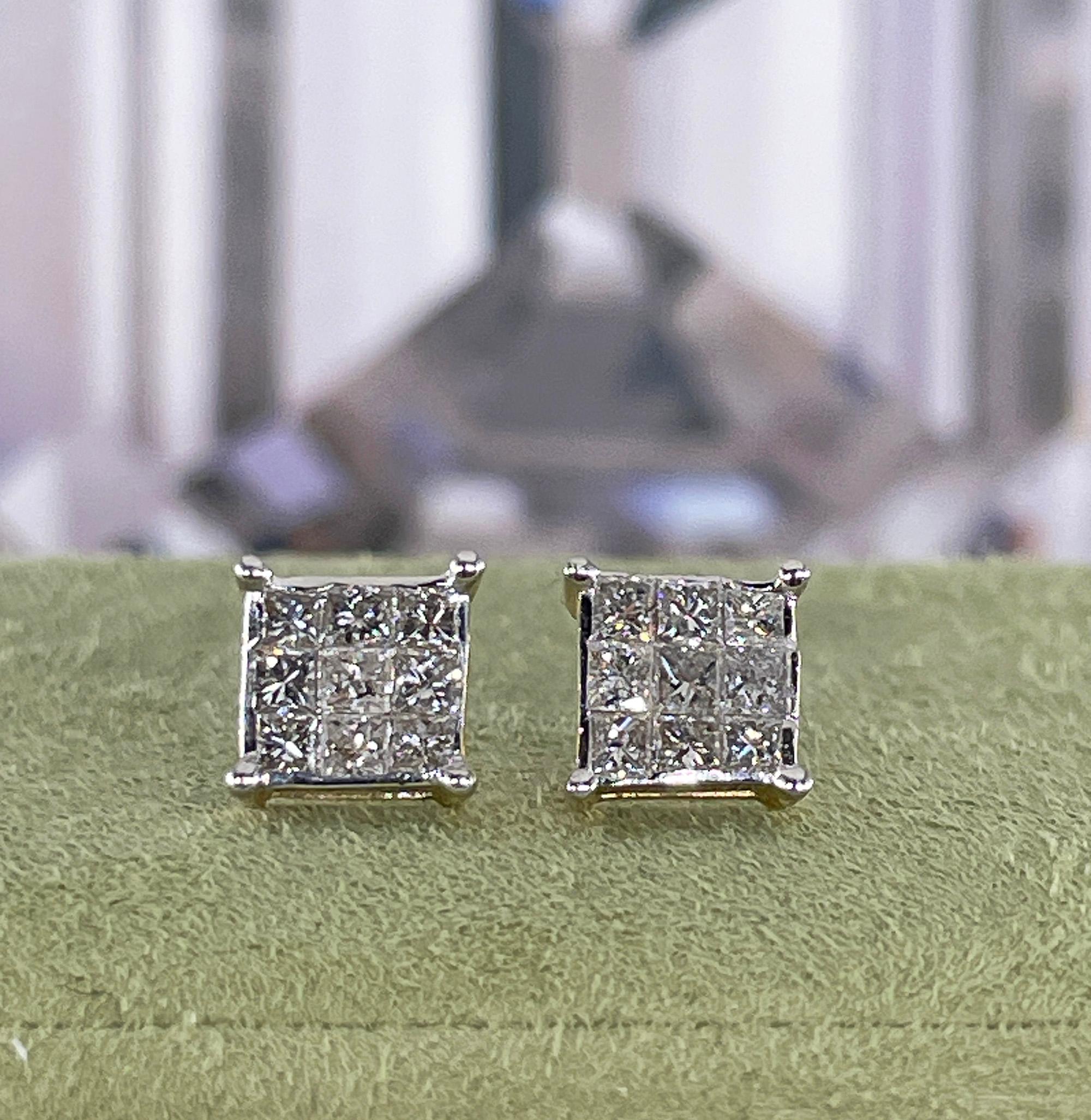 Unisex Unsichtbar gefasster 1,50ctw Diamant-Ohrstecker im Prinzessinnenschliff Vintage 14K Gold im Zustand „Gut“ im Angebot in New York, NY