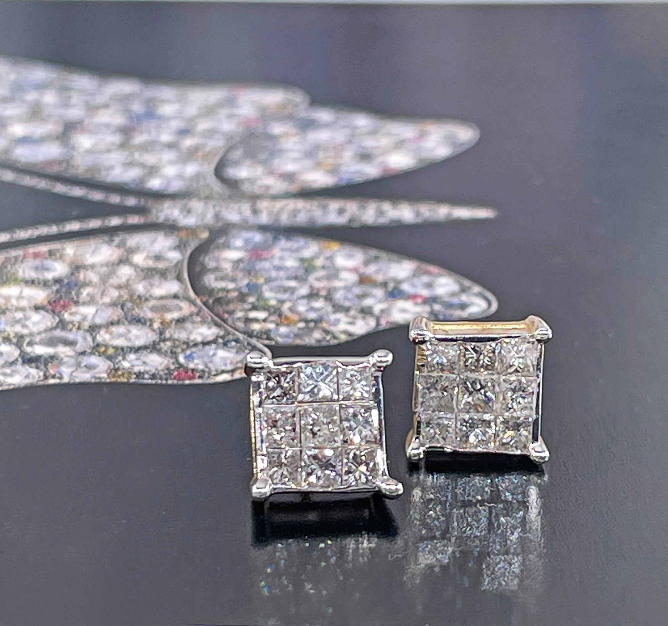 Unisex Invisible Set 1.50ctw Princess Cut Diamond Vintage Stud-Earrings 14K Gold For Sale 2