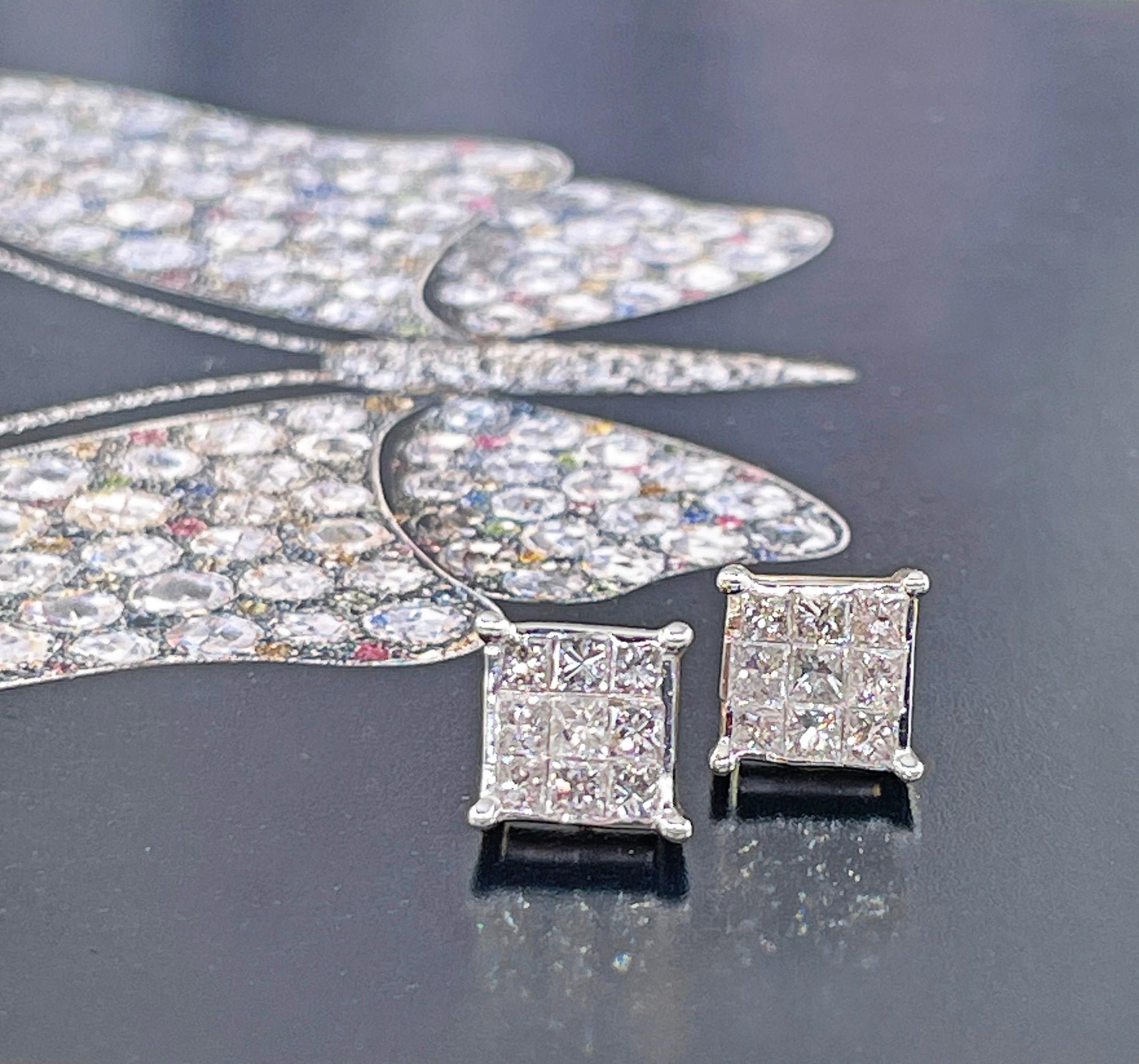 Unisex Invisible Set 1.50ctw Princess Cut Diamond Vintage Stud-Earrings 14K Gold For Sale 4