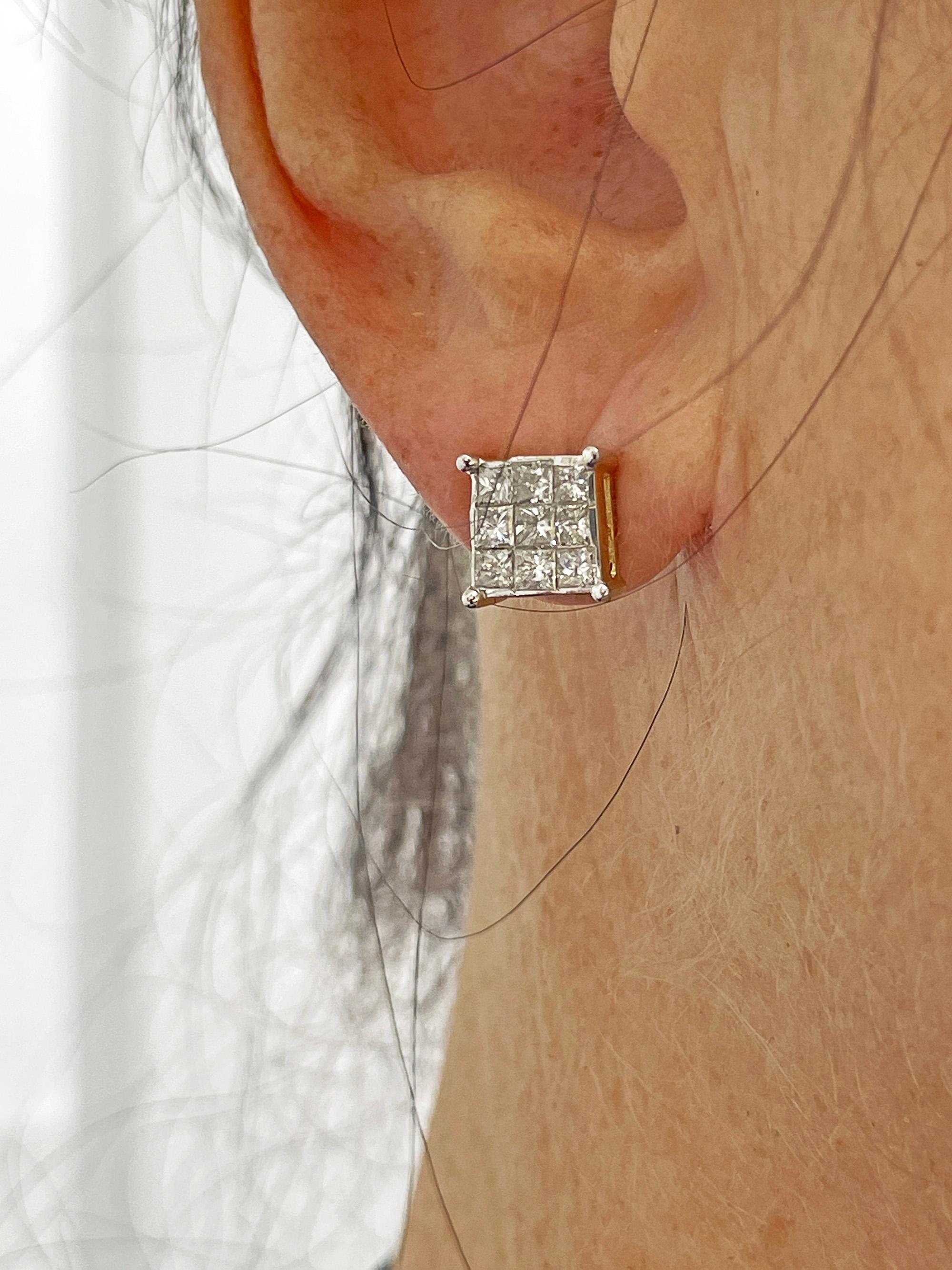 Unisex Invisible Set 1.50ctw Princess Cut Diamond Vintage Stud-Earrings 14K Gold For Sale 6