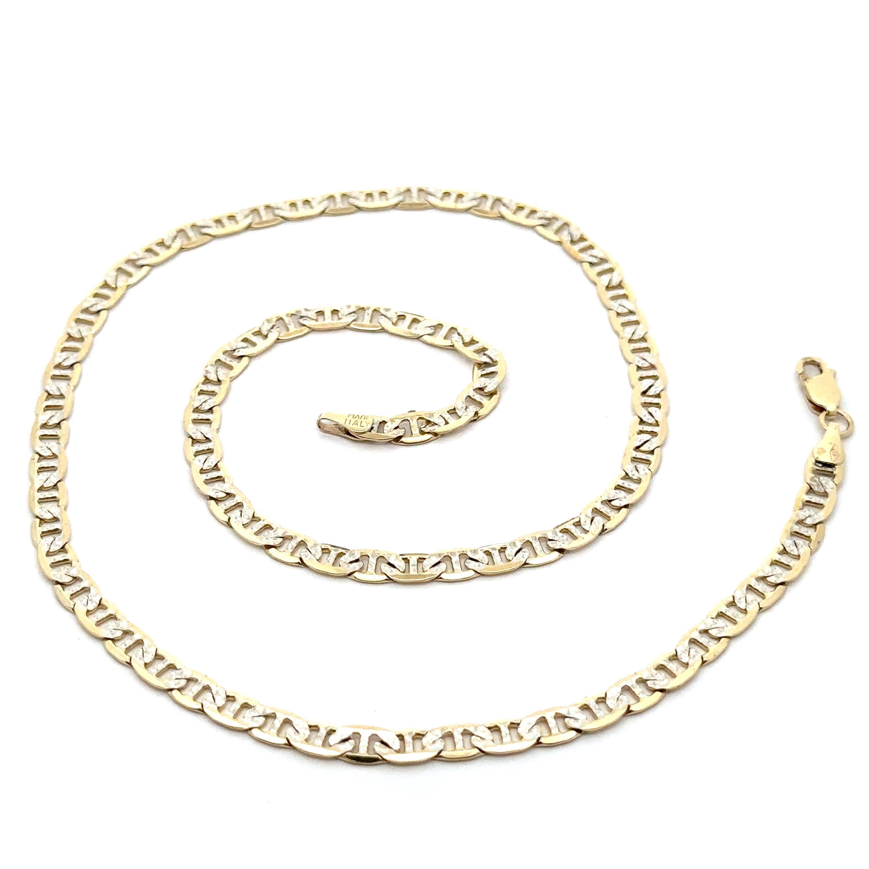 Collier unisexe en or 10k bicolore avec chaîne à maillons Marin plat et taillé en diamant en vente 2