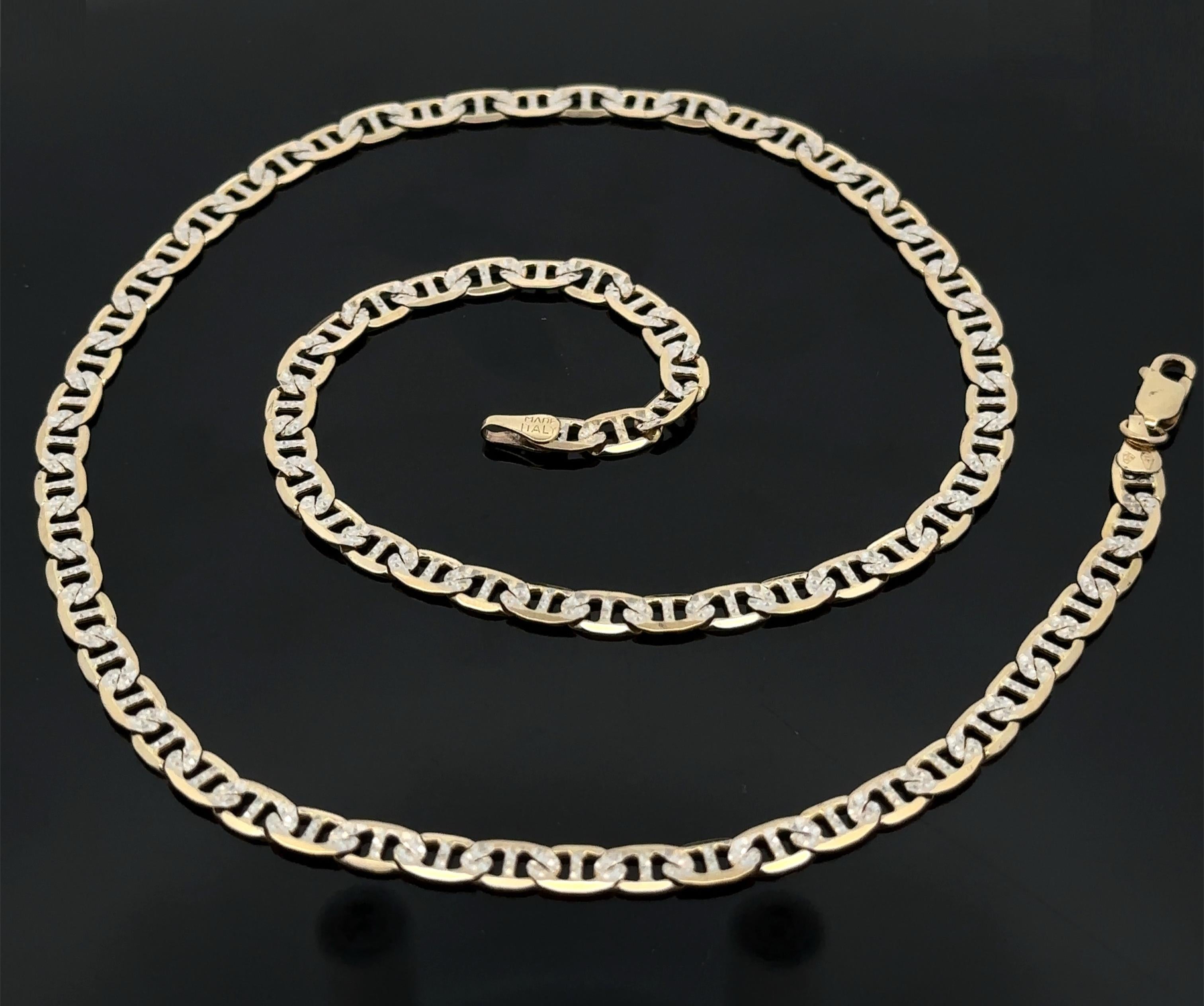 Collier unisexe en or 10k bicolore avec chaîne à maillons Marin plat et taillé en diamant en vente 3