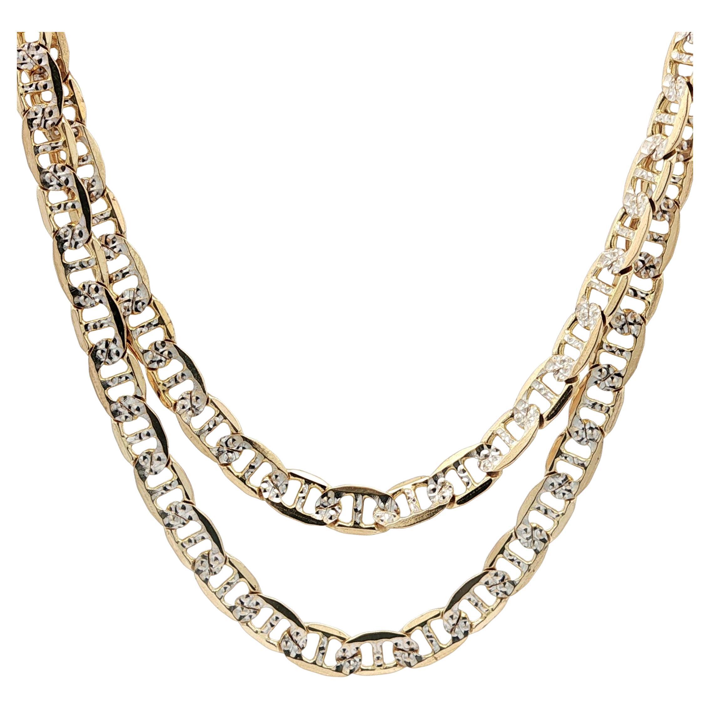 Collier unisexe en or 10k bicolore avec chaîne à maillons Marin plat et taillé en diamant en vente