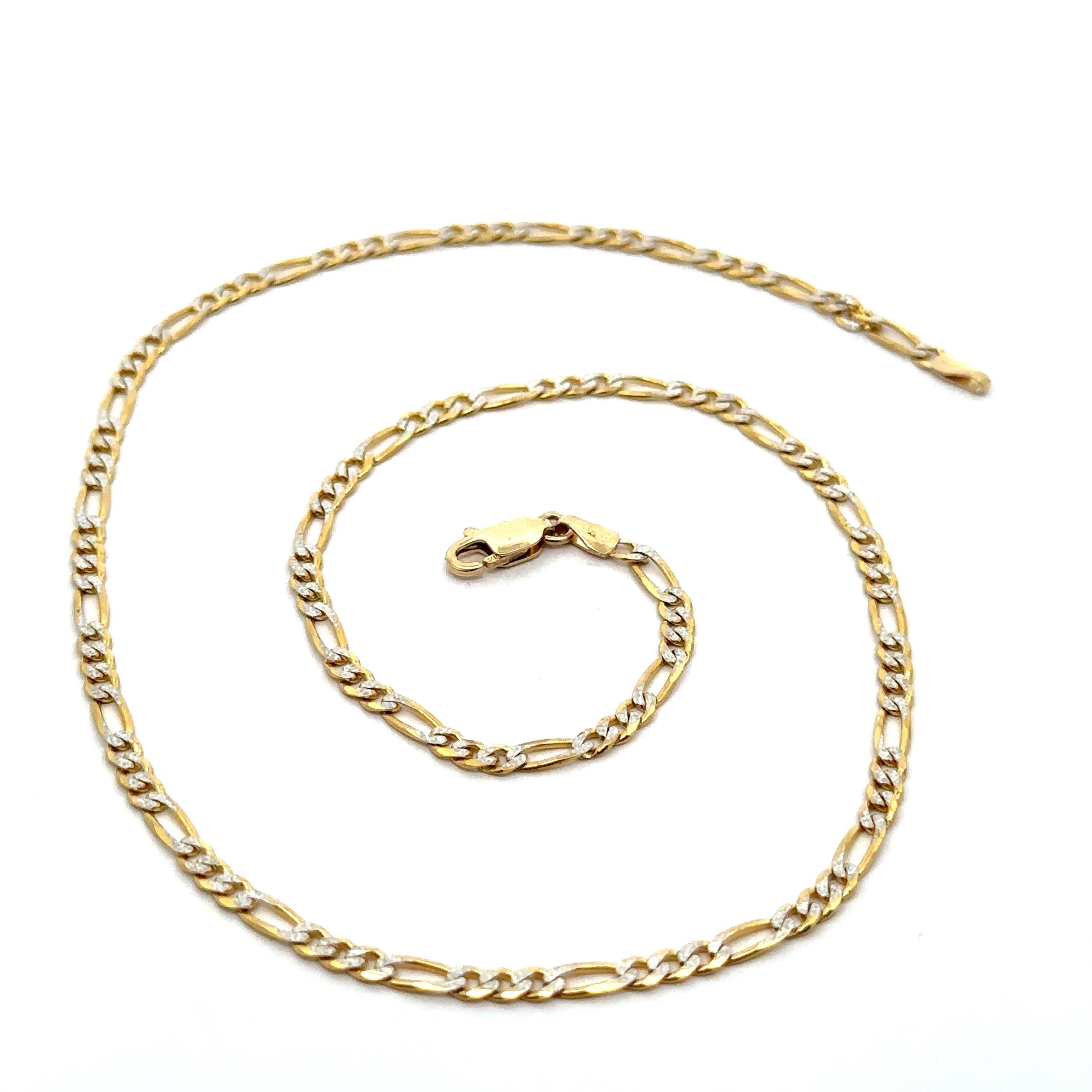 MATERIAL : Or jaune et blanc 14k massif
Poids : 6,5 grammes 
Type : 2.9mm Diamond Cut Texture Figaro Link
Longueur : 16